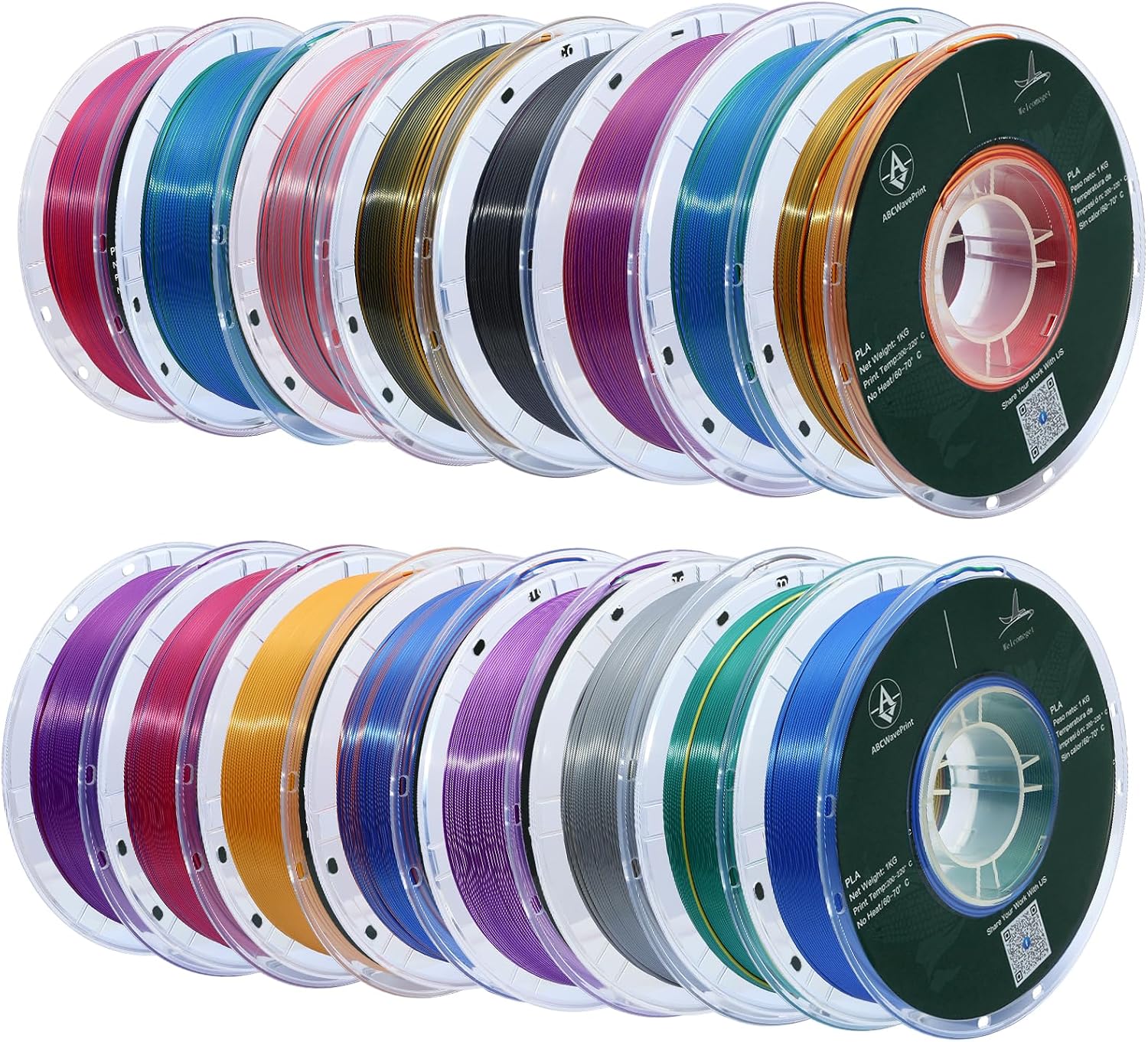 PLA 3D Printer Filament Bundle, Silk PLA Filament Dimensional Accuracy +/- 0.02 mm, 16 x 1 kg Spool(48lbs), 1.75 mm,Multiple tri-Colors.