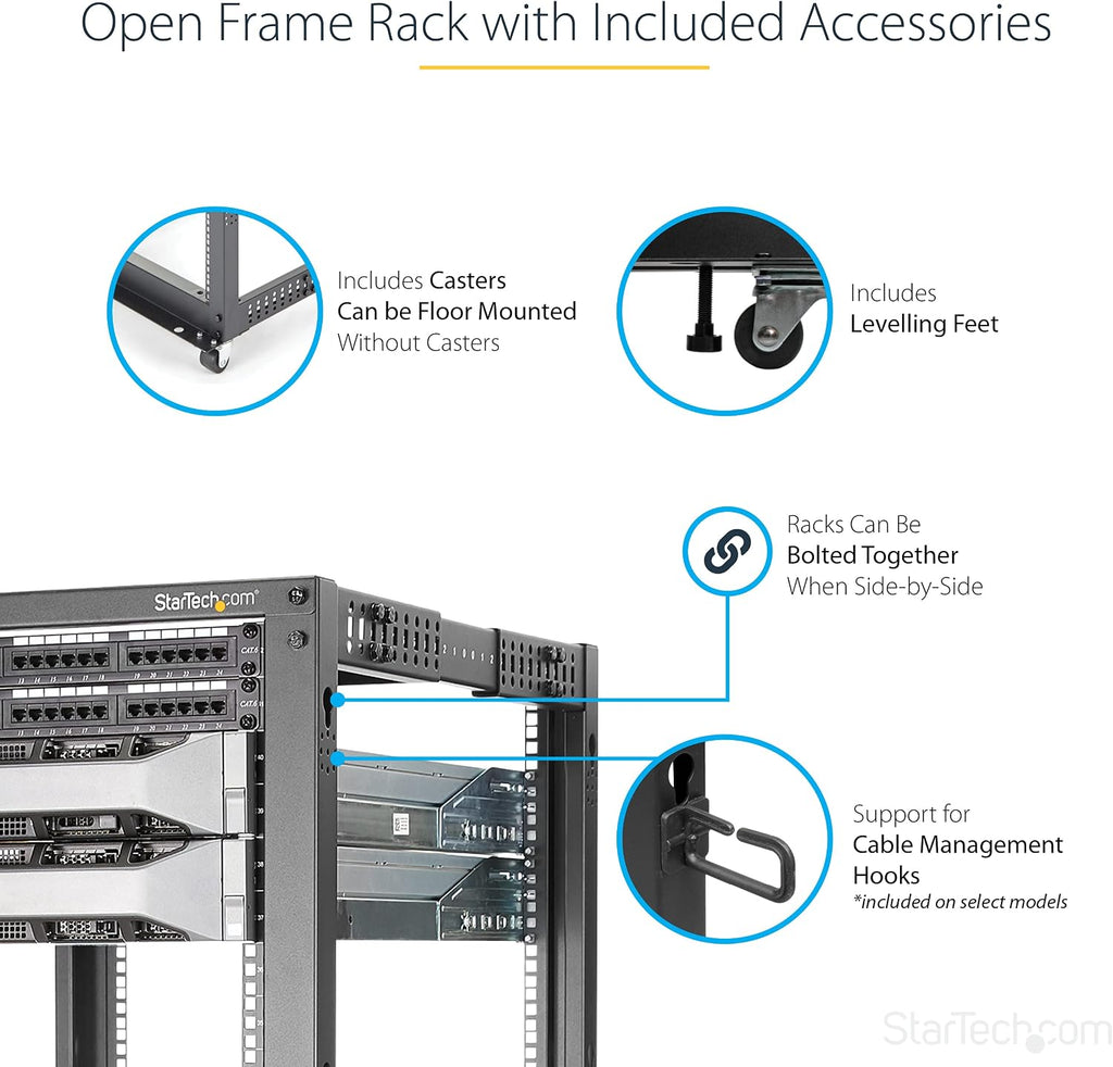 StarTech 8U 4-Post Server Rack, 19in Open Frame Rack with 40in (101cm) Mounting Depth and 1200lb (544kg) Weight Capacity, Mobile or Floor Mount IT Rack