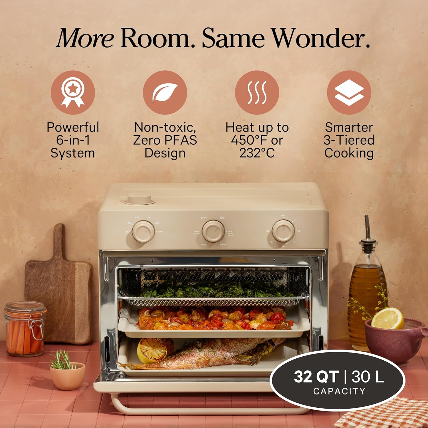 Our Place Large Wonder Oven | 6-in-1 Stainless Steel Air Fryer Toaster Oven Combo with Basket, Rack, Pan & Tray | 3-Rack, 32 QT, Large Capacity - Toast, Roast, Bake, Reheat, Broil & Steam | Steam