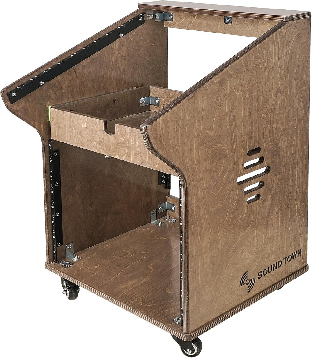 Sound Town DIY Solid Baltic Birch Plywood Studio Rack with 11U Slant Mixer Top, 8U Front, 2U Drawer, Rubber Feet, Casters, Weathered Brown (SDRK-M11X8B)