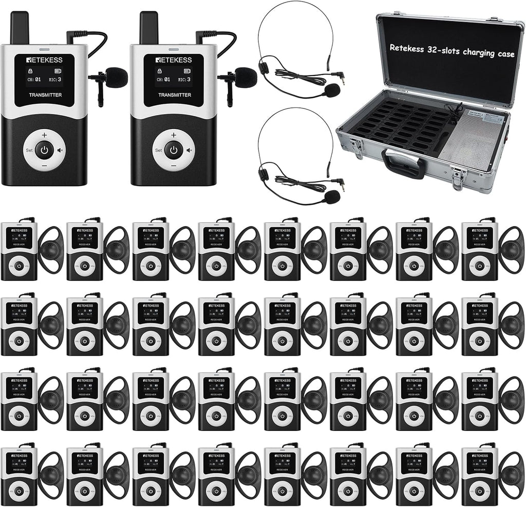 Retekess T130U(4nd Gen T130) Wireless Tour Guide System,Clear Sound Quality Digital Tour Guide Headsets, 200m, Stable Signal, Assistive Listening System for factory,Travel(2 Transmitters 32 Receivers)