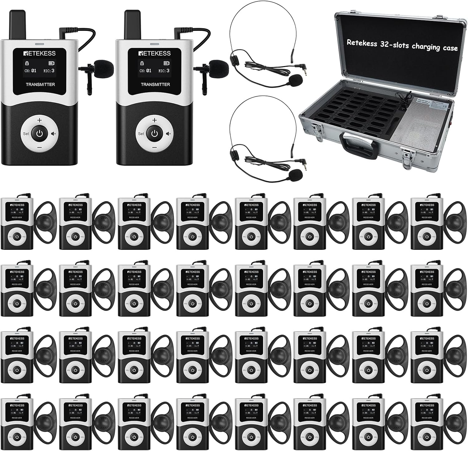 Retekess T130U(4nd Gen T130) Wireless Tour Guide System,Clear Sound Quality Digital Tour Guide Headsets, 200m, Stable Signal, Assistive Listening System for factory,Travel(2 Transmitters 32 Receivers)