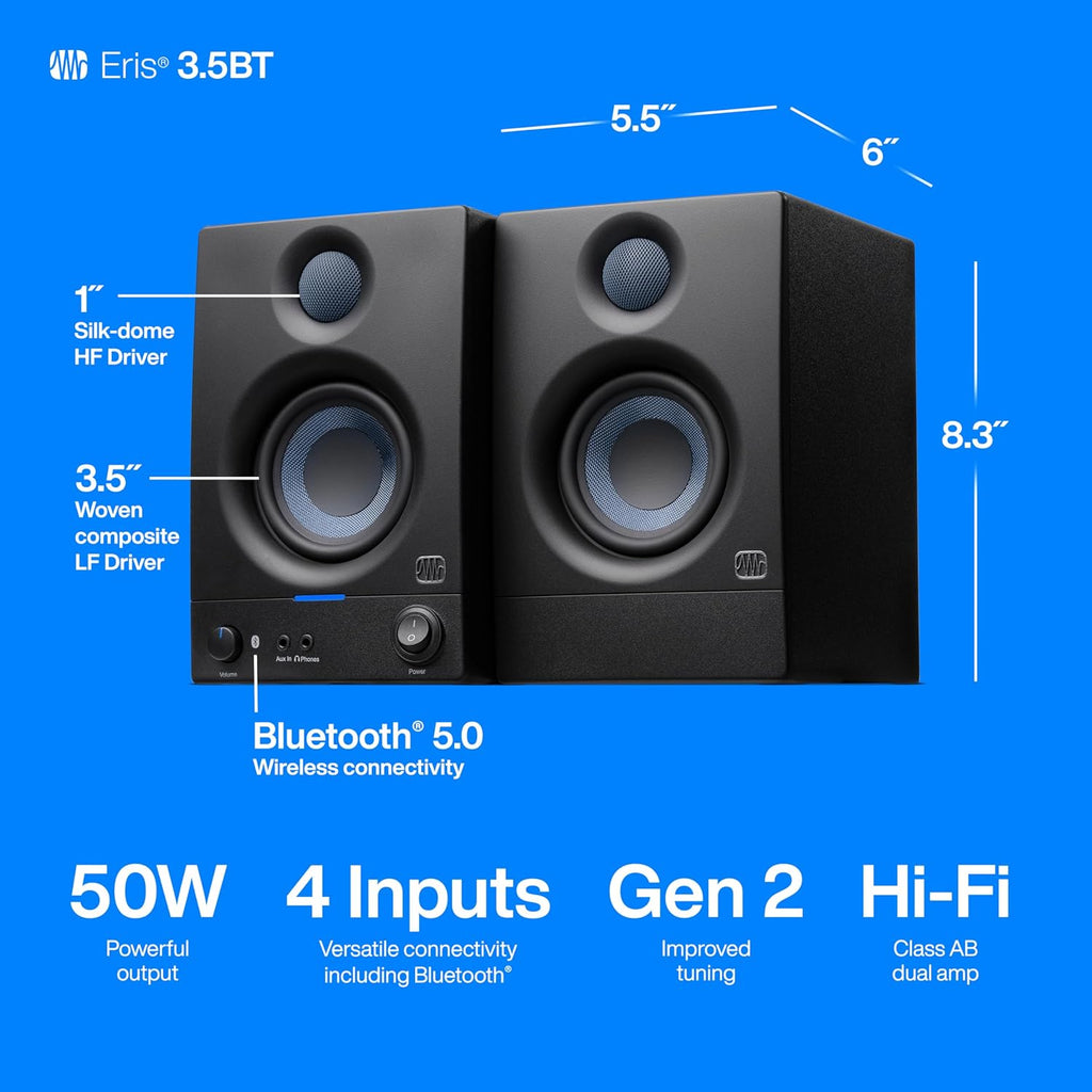 PreSonus Eris 3.5BT Studio Monitors, Pair — 3.5' Inch Powered Bookshelf Speakers, Stereo, Desktop Computer, Near Field Music Production, Audio Mixing Recording