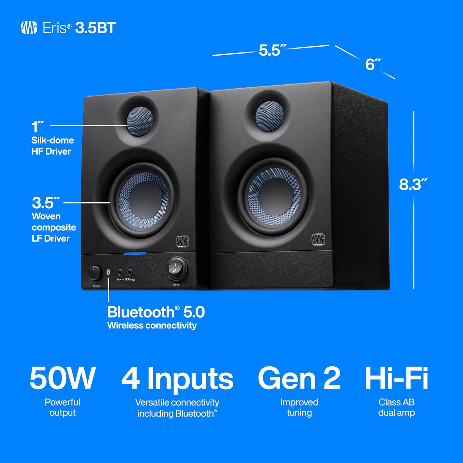 PreSonus Eris 3.5BT Studio Monitors, Pair — 3.5' Inch Powered Bookshelf Speakers, Stereo, Desktop Computer, Near Field Music Production, Audio Mixing Recording