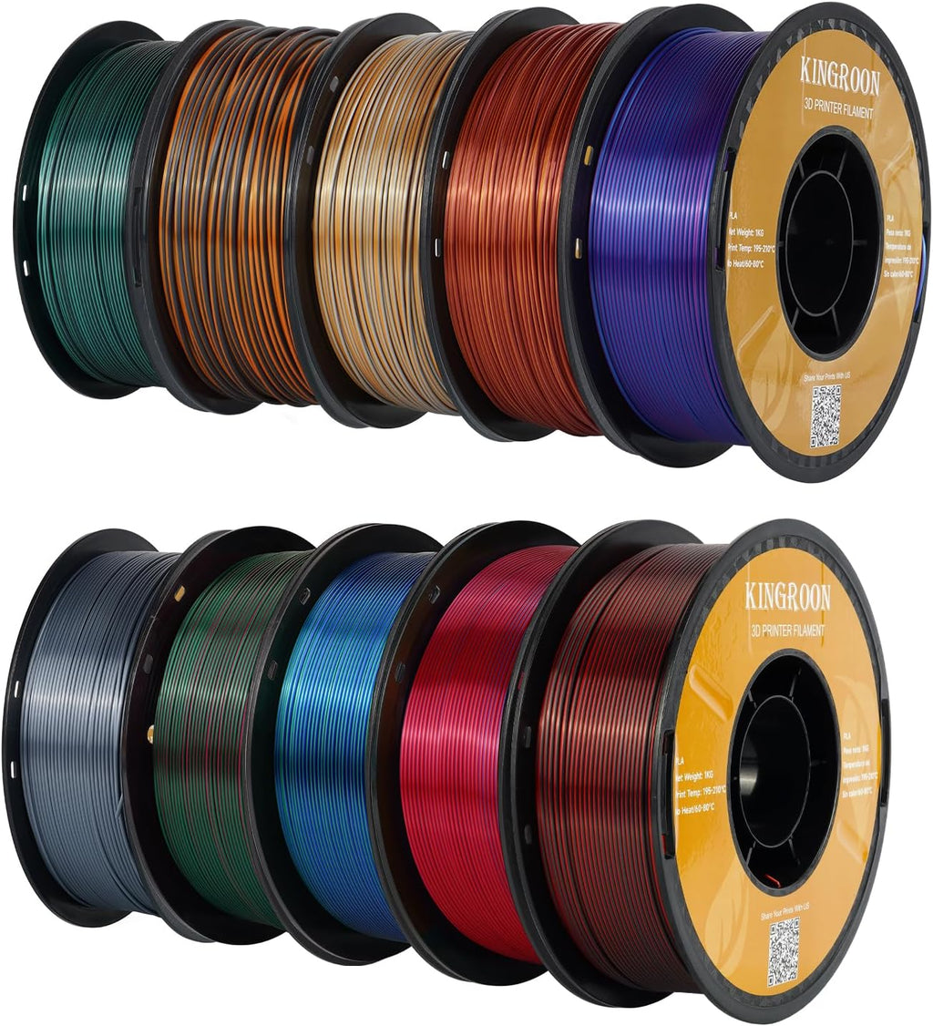 Kingroon PLA Filament, Multicolor Silk PLA Filament, Dual Color 3D Printer Filament 10 Rolls, 10kg Spool(22lbs), 1.75 mm, Dimensional Accuracy +/- 0.03 mm, 10 Different Dual Colors