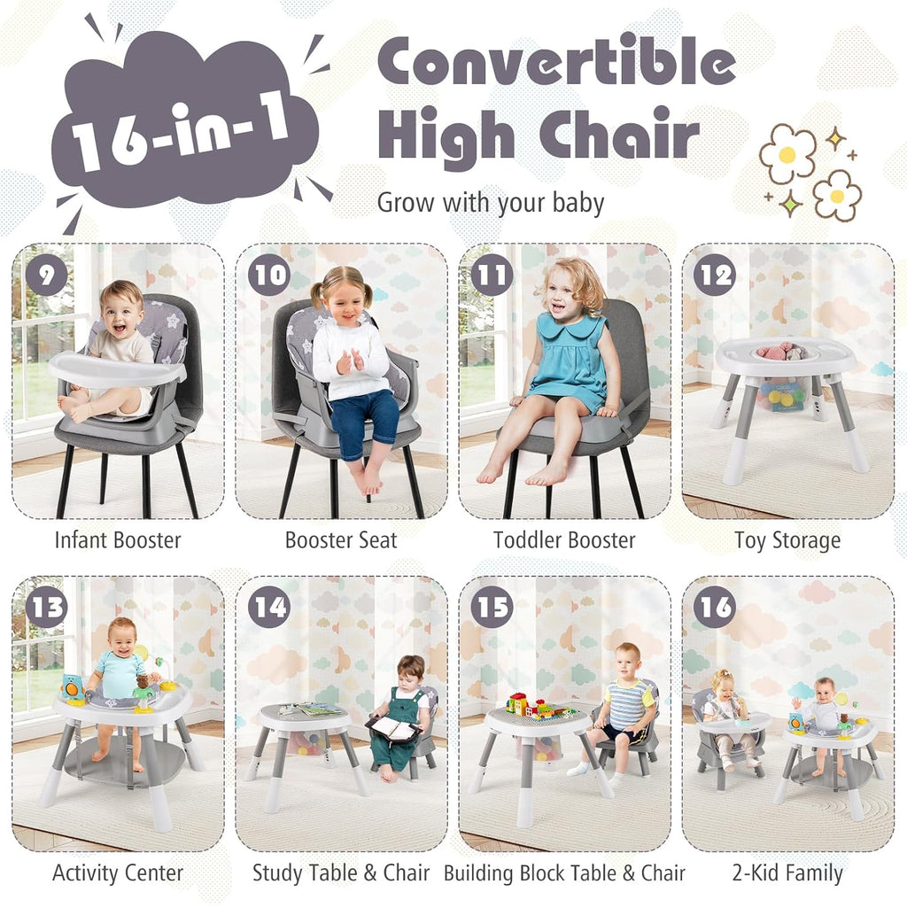 HONEY JOY 16-in-1 Baby High Chair, Convertible Highchair for Babies and Toddlers/Booster Seat/Activity Center with Toys, Building Block Table & Stool, Safety Harness, Removable Cushion & Tray (Gray)
