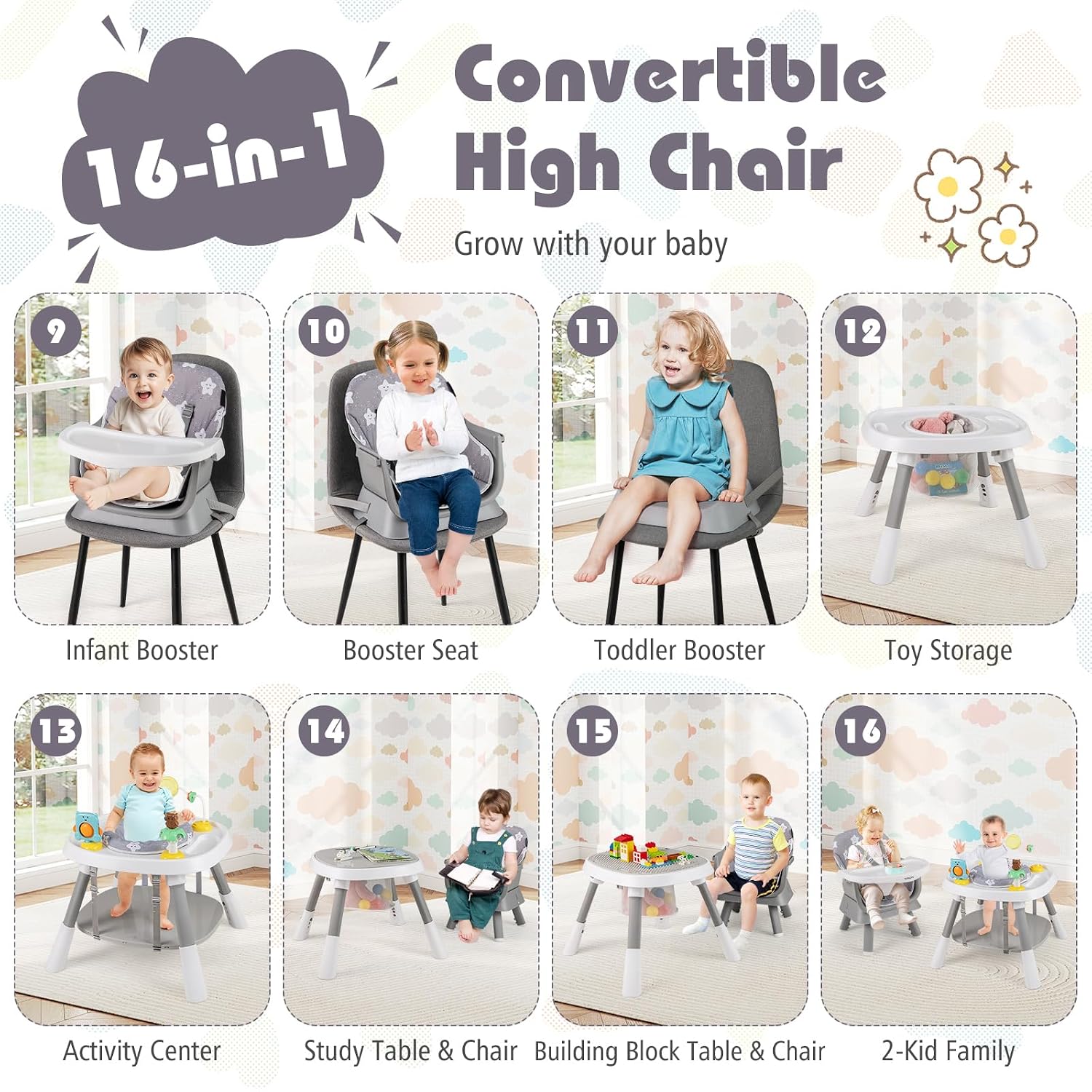 HONEY JOY 16-in-1 Baby High Chair, Convertible Highchair for Babies and Toddlers/Booster Seat/Activity Center with Toys, Building Block Table & Stool, Safety Harness, Removable Cushion & Tray (Gray)
