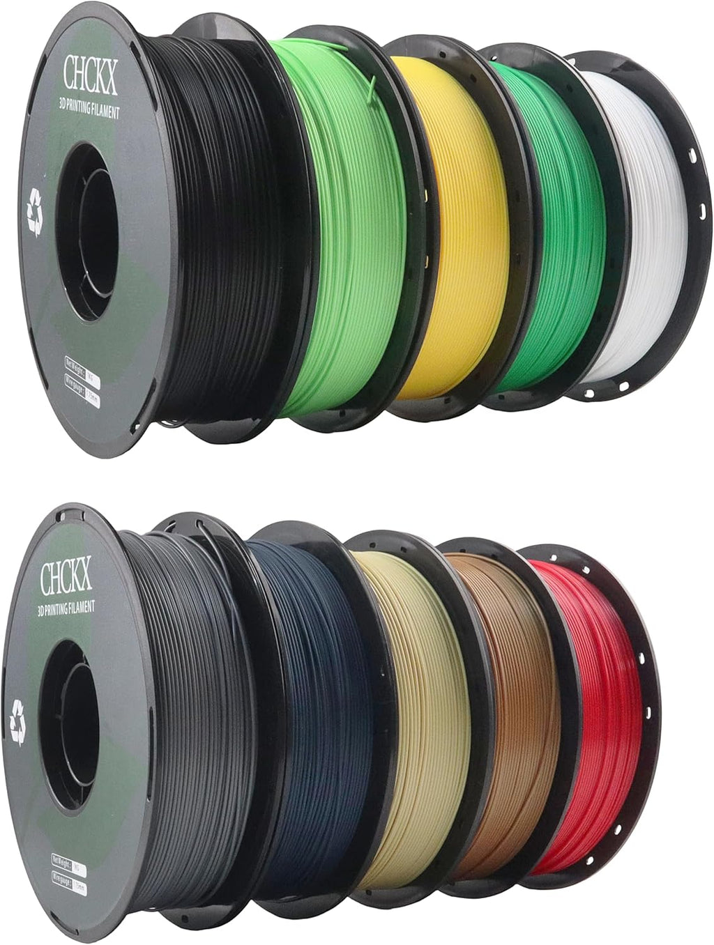 10 Pack PLA 3D Printer Filament Bundle, Dimensional Accuracy +/- 0.02 mm, 1kg Spool(2.2lbs), 1.75 mm，Black White Grey Red Green Blue Yellow Brown Lemon Green Ice Cream