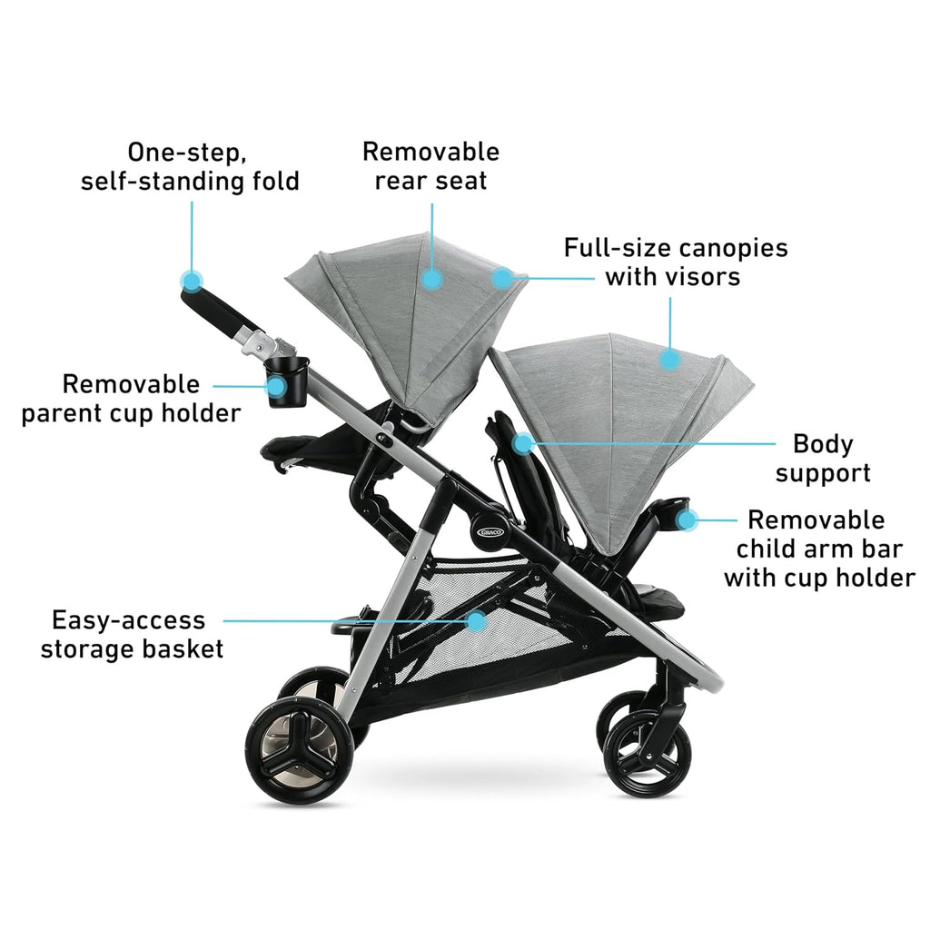 Graco Ready2Grow LX 2.0 Double Stroller, Twin Baby Stroller Features Bench Seat and Standing Platform Options, Compact Fold Perfect for Baby Travel, Clark