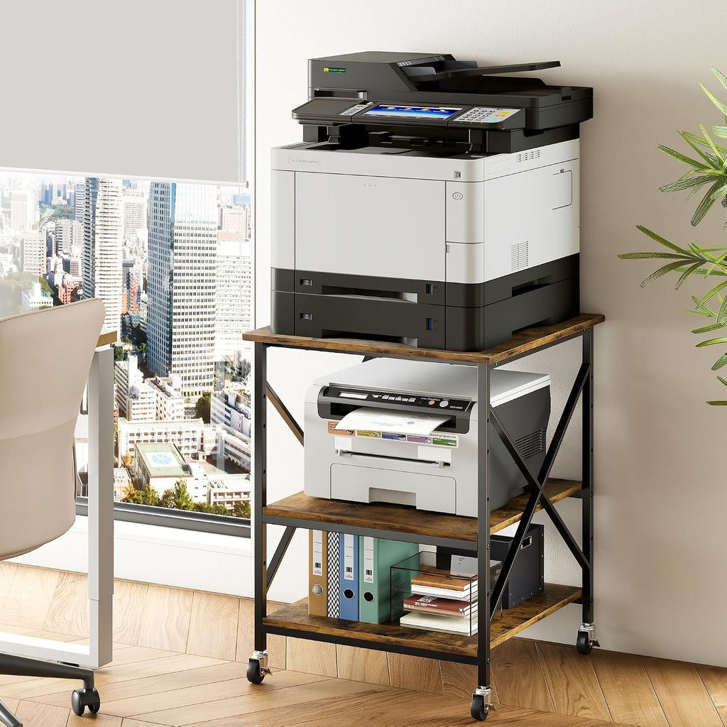 Warmiehomy 24'x24'x30' Large Printer Stand with Storage, 3 Tier Rolling Printer Cart Table, Mini Fridge Stand with Wheels, Use for 3D Laser Printer Home Office, Rustic Brown