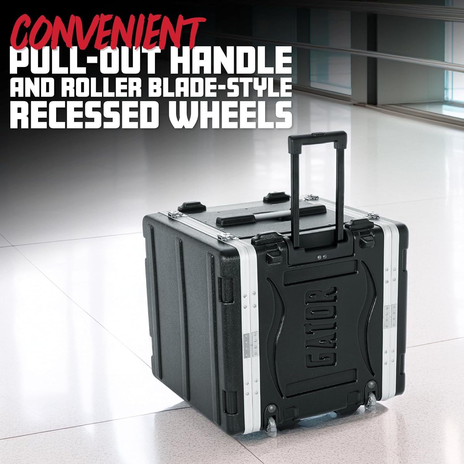 Gator Cases Lightweight Molded 10U Rack Case with Built-in Power Supply, Heavy Duty Latches, Retractable Tow Handle, and Recessed Wheels, 19.25' depth (GRR-10PL-US)