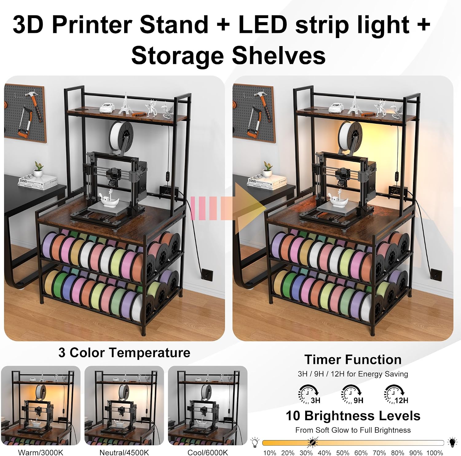 3D Printer Stand with Filament Storage, 3D Printer Table with LED Light and Display Shelf Rack, Heavy Duty Printer Desk Filament Storage Rack for Workshop Offices and Studios(Black)