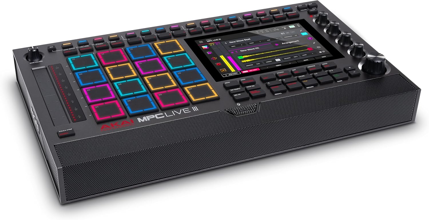 Akai Professional MPC Live III Standalone Portable Music Production Center with MPCe Pads, Sequencer, Touchscreen, Mic, Stereo Monitors, Audio Interface, Wi-Fi, Bluetooth, Battery, Touchstrip