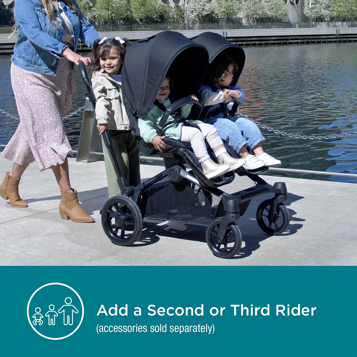 Contours Element Side-by-Side Convertible Toddler and Baby Stroller Single-to-Double, Reversible Seating Options, Infant Seat Compatible, Spacious Storage, UPF 50 Sun Canopy - Stealth Black