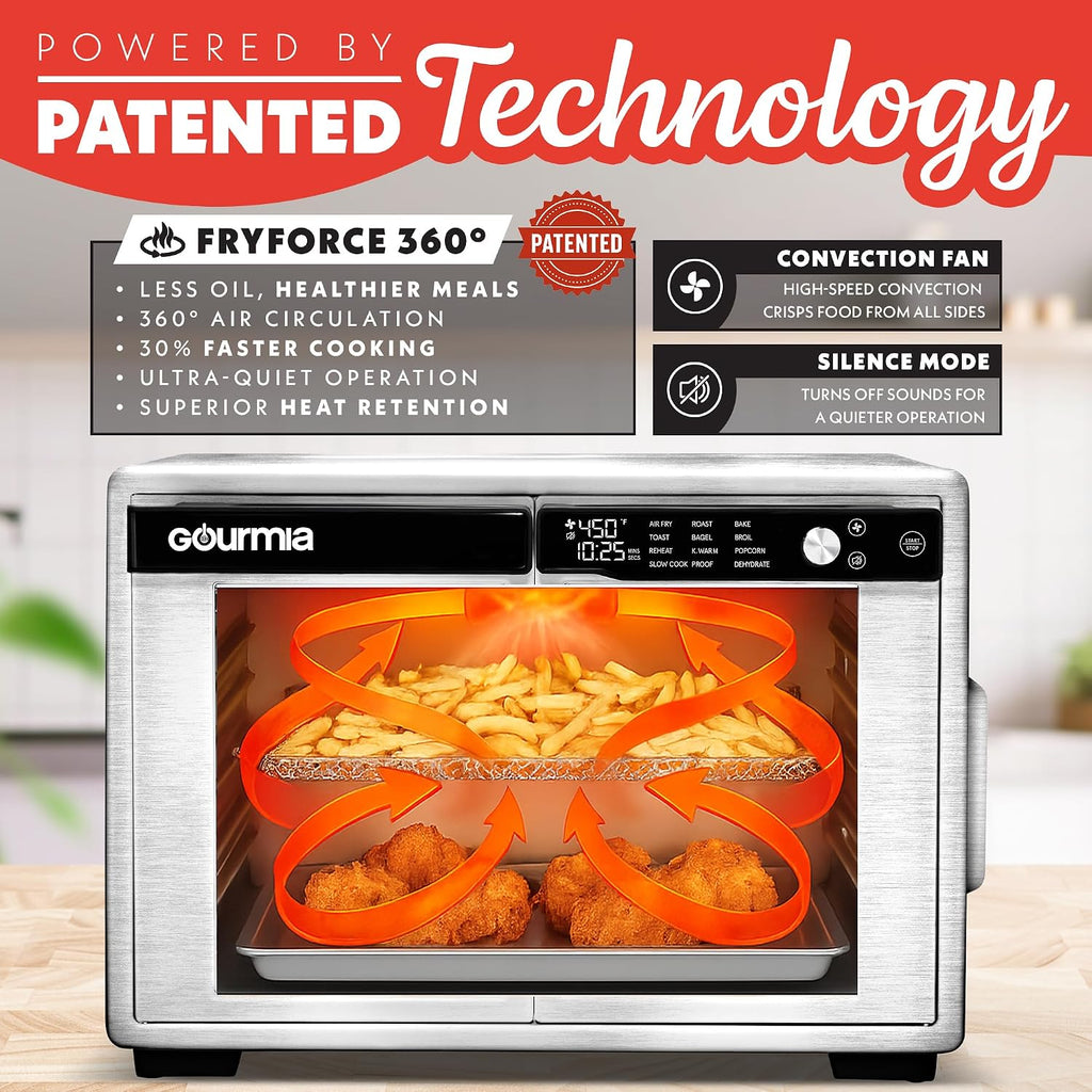 Gourmia French Door Air Fryer Oven - 37 Qt Large Capacity Convection Toaster Oven, FryForce 360°, Digital Display, 12 Cooking Presets, Dehydrate, Fits 13' Pizza, Dishwasher-Safe, Stainless Steel