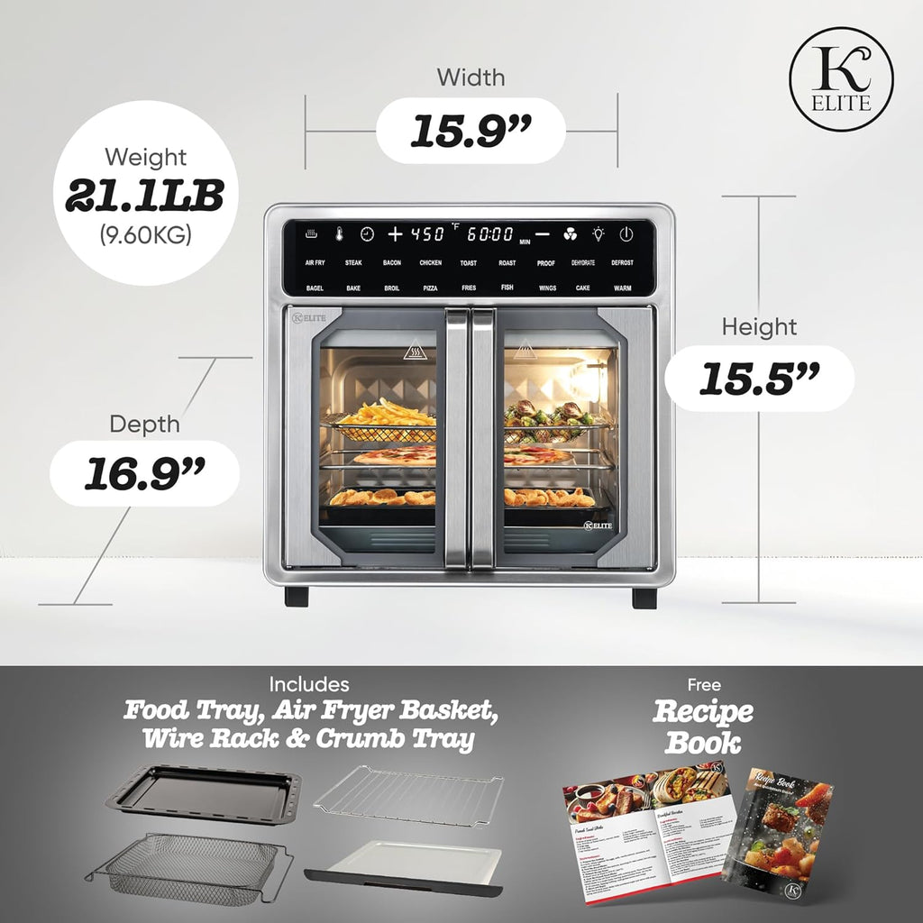 Kitchen Elite 16 Quart French Door Air Fryer Oven – Family Size Countertop Convection Cooker with LED Display, Stainless Steel