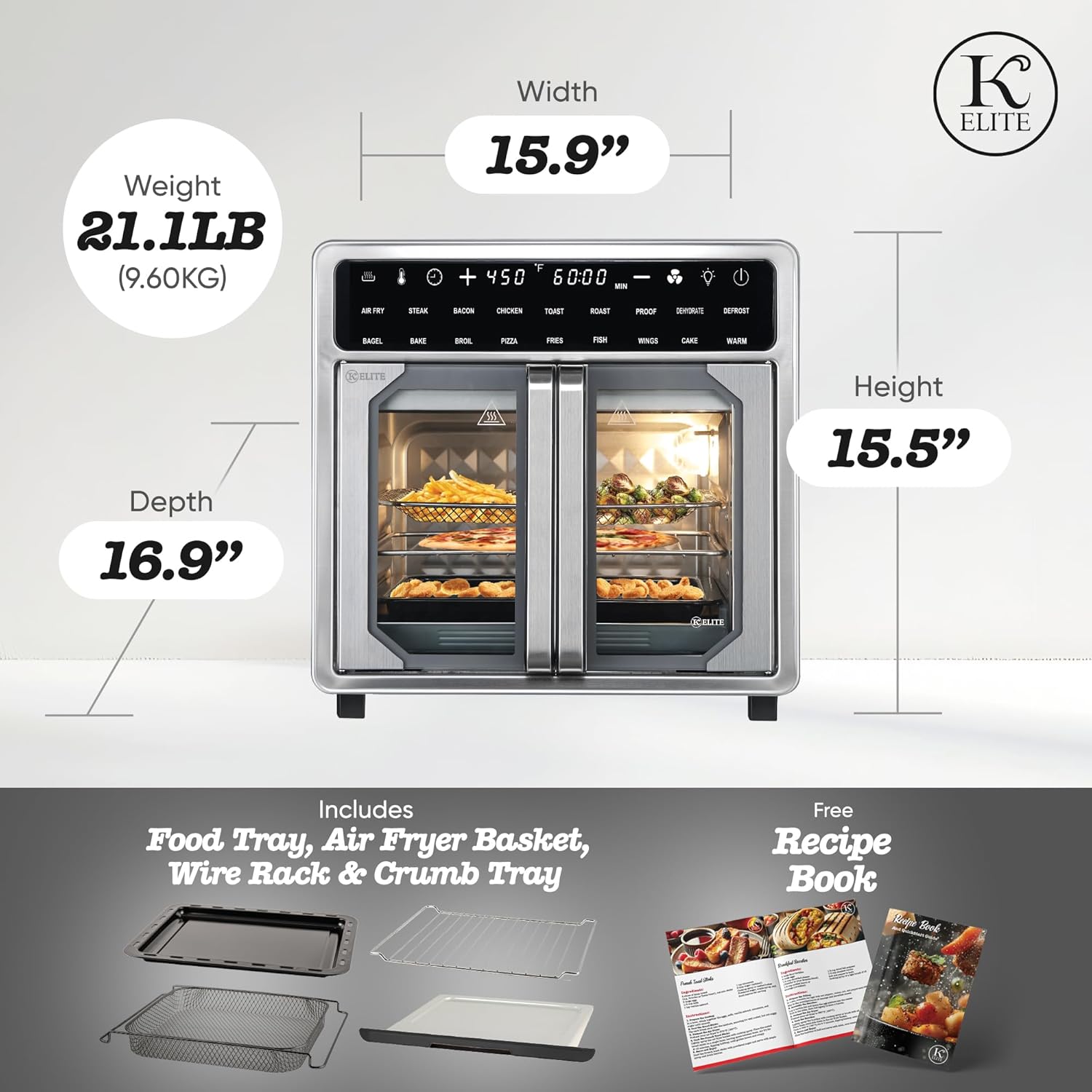 Kitchen Elite 16 Quart French Door Air Fryer Oven – Family Size Countertop Convection Cooker with LED Display, Stainless Steel