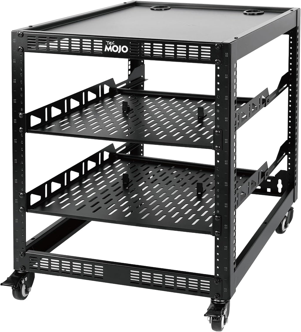 TECMOJO 12U Open Frame Network Rack for IT & AV Gear, 4-Post With Casters, Mobile With 2 PCS 1U Server Shelf & Mounting Hardware, for 19' Network, Audio and Video Device