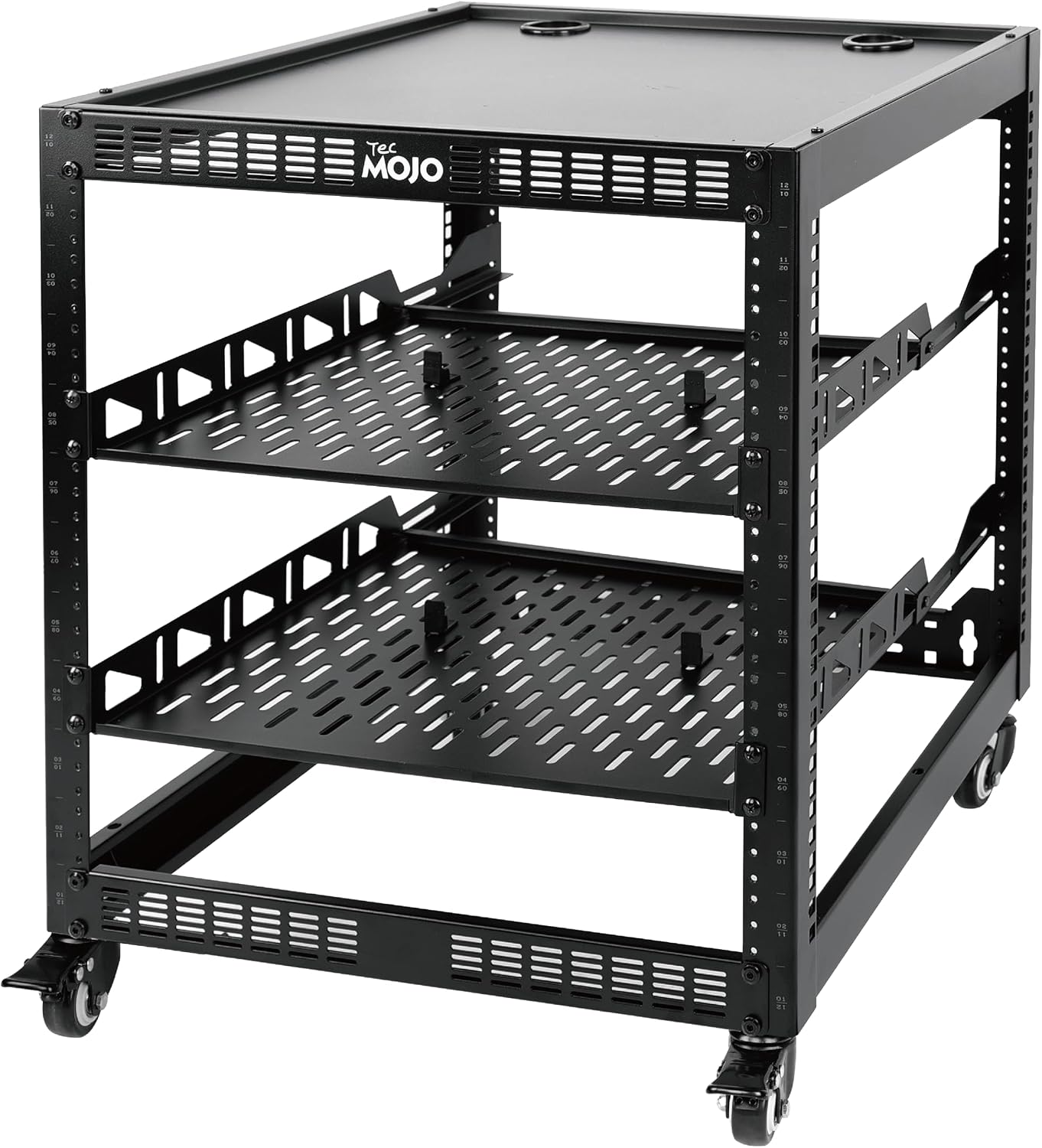 TECMOJO 12U Open Frame Network Rack for IT & AV Gear, 4-Post With Casters, Mobile With 2 PCS 1U Server Shelf & Mounting Hardware, for 19' Network, Audio and Video Device
