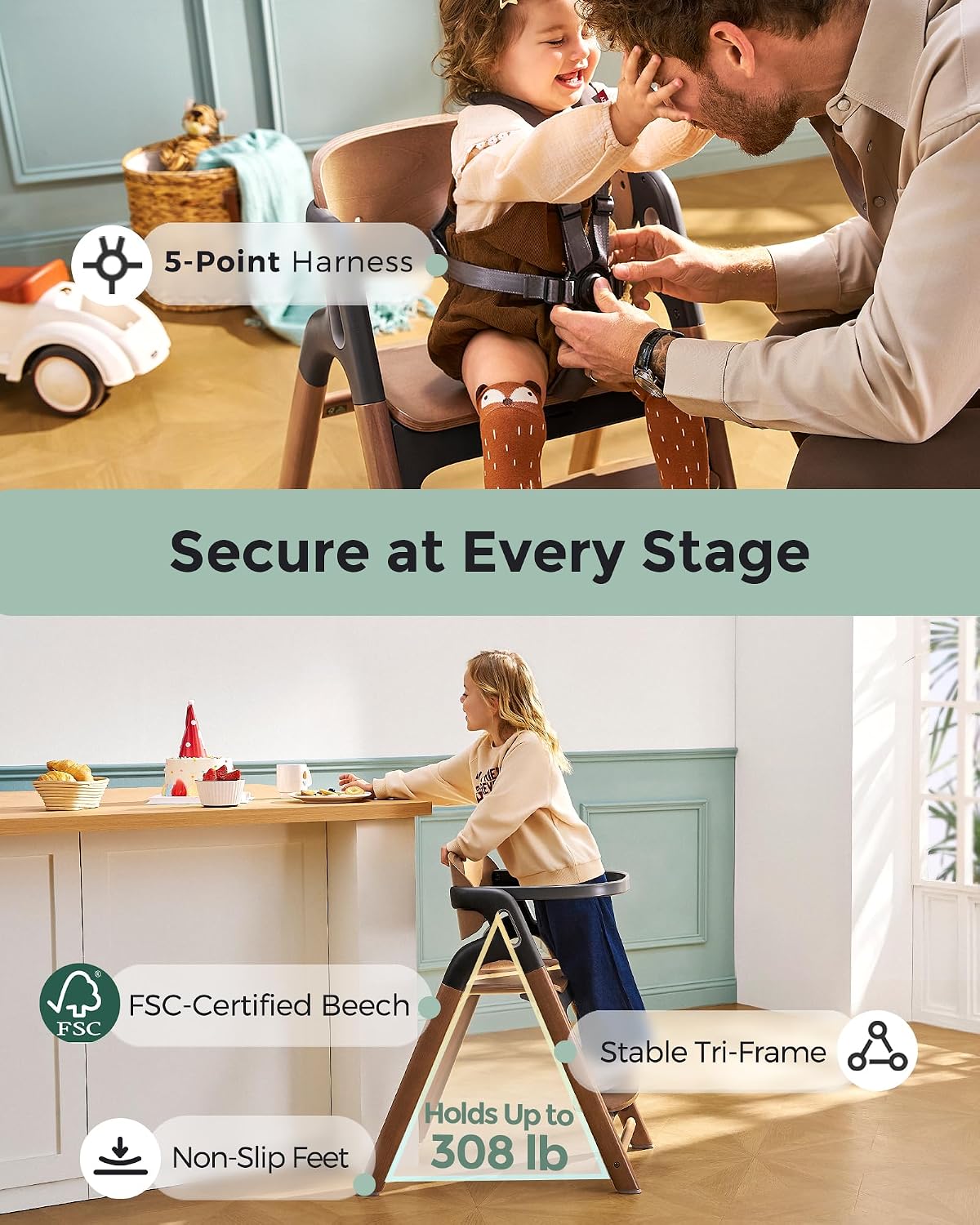 Momcozy High Chair, 5-in-1 Convertible Wooden High Chair with Food-Grade Tray, Baby Set with Removable Harness and Toddler Tower, Highchair for 6 Months to 308 lb, Adjustable & Ergonomic, Walnut