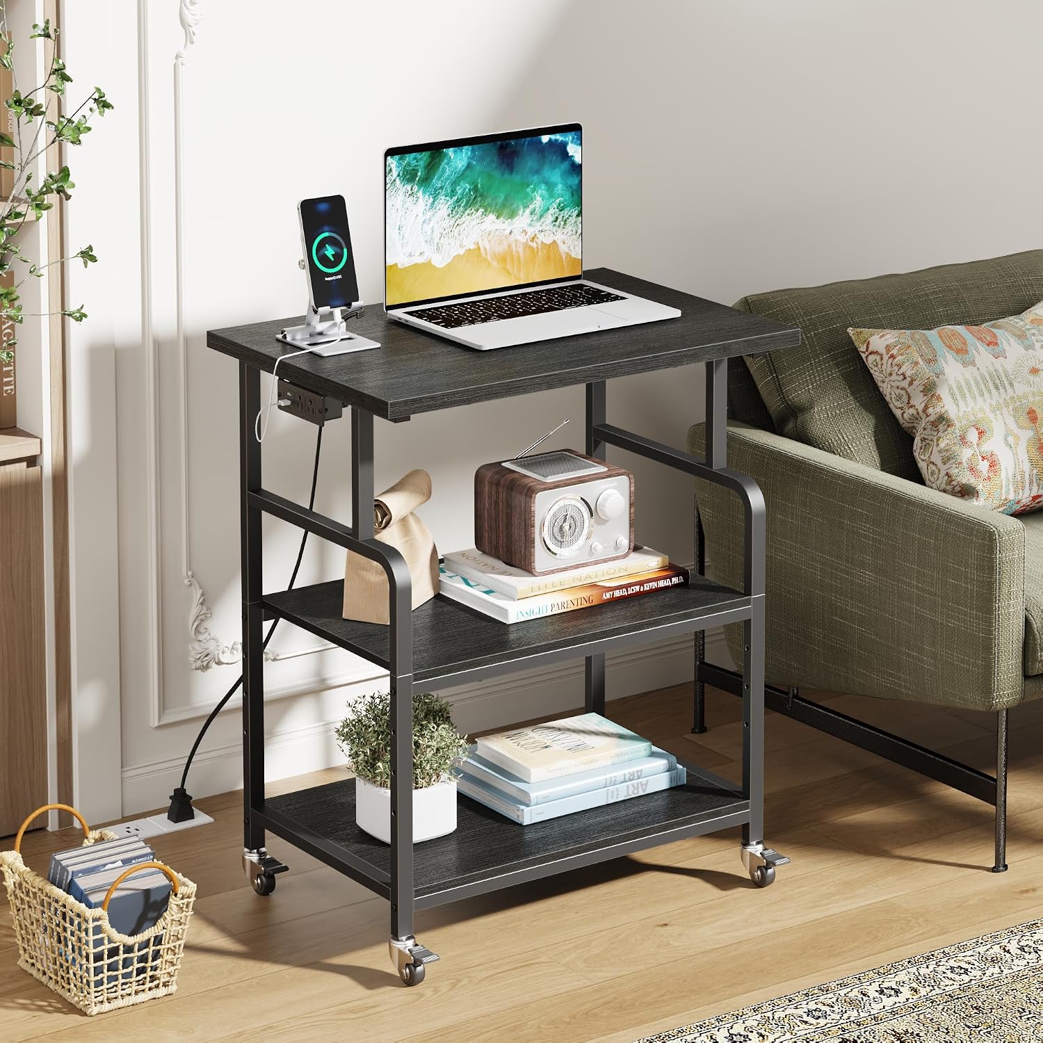 YAOHUOO 3 Tier Large Printer Stand with Power Outlet/Adjustable Storage Shelf, Rolling Cart with Wheels, Printer Table for Home Office 3D Printer/Heat Press/Laster, 23.6'×19.6' Black