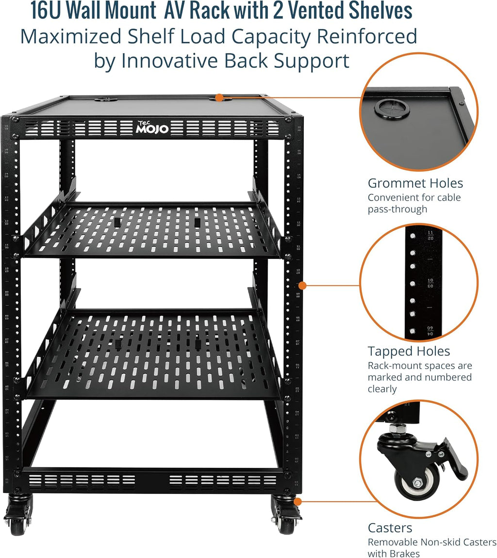 TECMOJO 16U Open Frame Network Rack for IT &AV Gear, AV Rack 4-Post with casters, Mobile 16U Rack with 2 PCS 1U Server Rack Shelf & Mounting Hardware, for 19' Network,Audio and Video Device