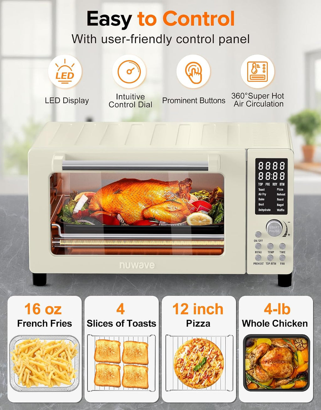 Nuwave Bravo Pro Smart Air Fryer Toaster Oven Combo, Airfryer Convection Oven Countertop, 10-in-1 Functions with Quicker & Even Crisp Technology, 1800W, 50-450°F, PFAS-Free, 21QT, Vanilla Cream
