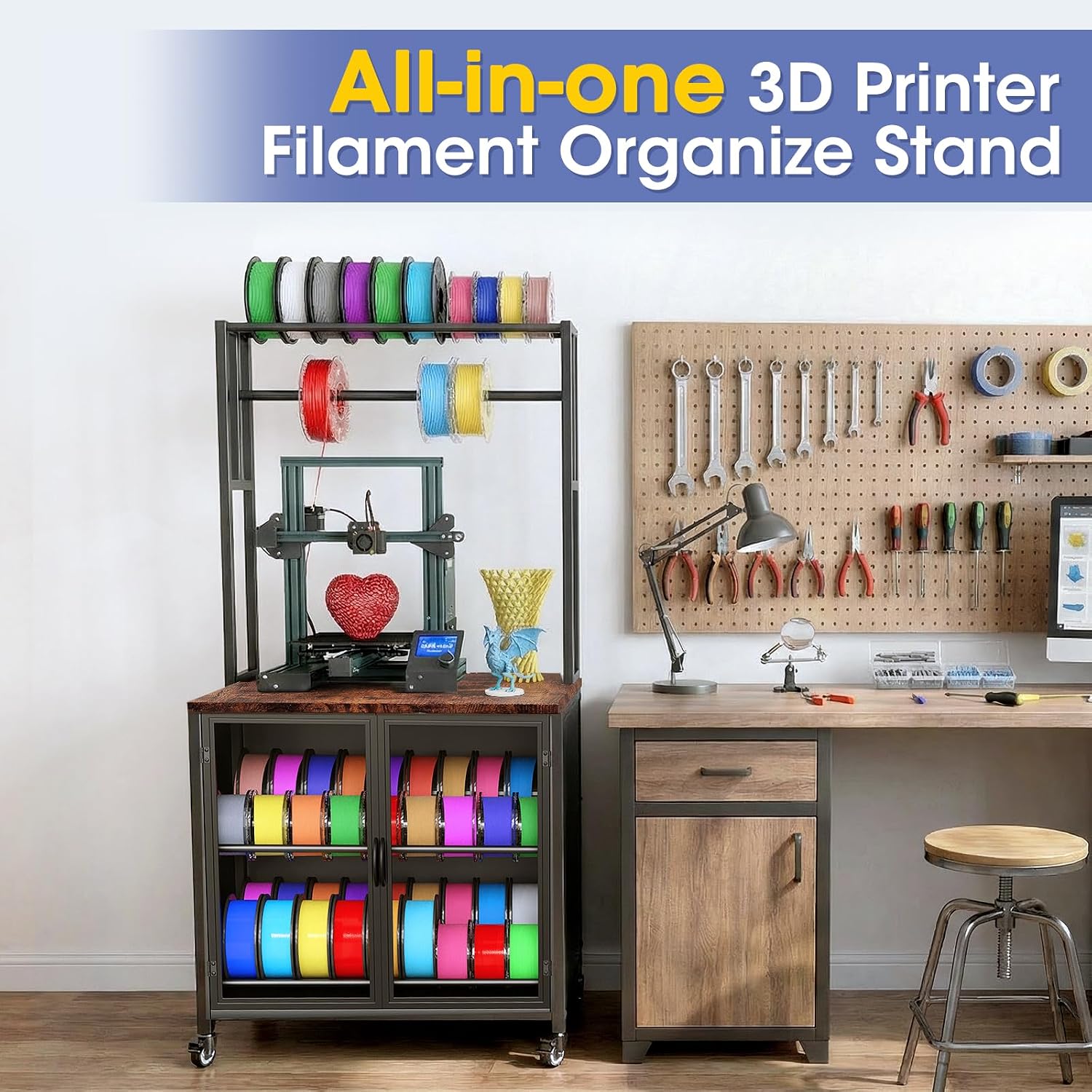 3D Printer Stand with Filament Storage,3D Printing Filament Organizing Table, with Wheels and Storage Cabinet, Heavy-Duty 3D Printer Workbench for Studios and Offices, Black