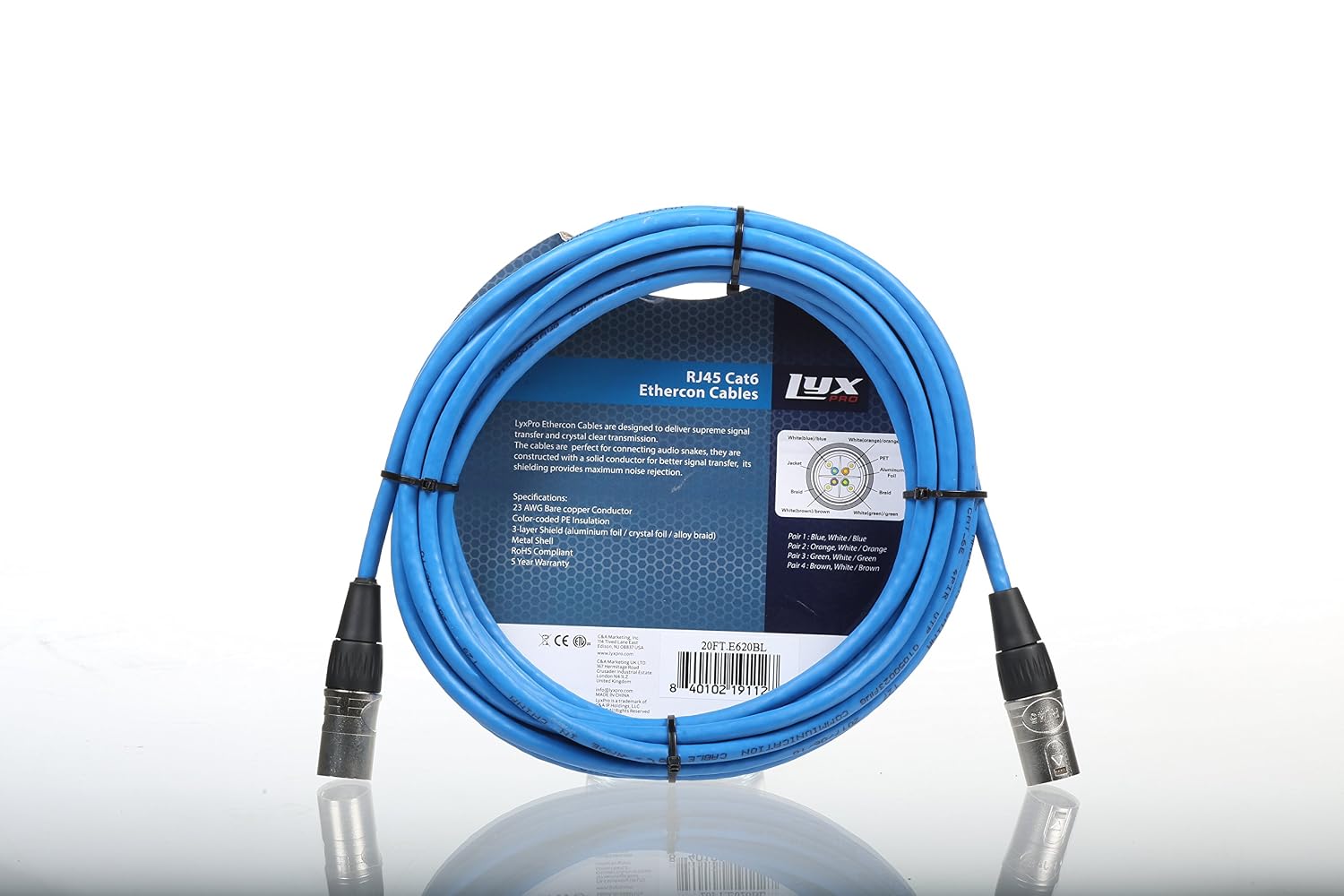 LyxPro Multi Network Breakout for Stage and Recording Studio 4 Channel XLR to Single 300' Ethercon Cat 6 Cable AES and DMX Channels
