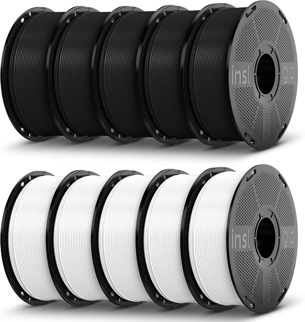 Inslogic PETG Pro Pre-Dried 3D Printer Filament 1.75mm, High-Speed PETG Filament, Stronger Toughness, Compatible with FDM Printers, 1kg×10 Spools (5 Black+5 White)