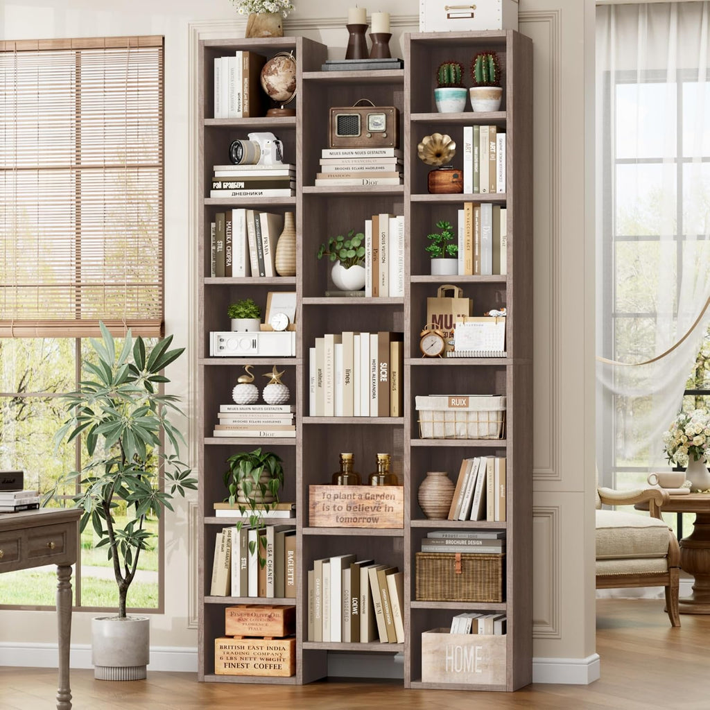 FOTOSOK 71'' Tall Bookshelf with 21 Cubes, 8 Tier Triple Wide Bookshelf with 8 Adjustable Shelves, 35' Large Bookcase DVD/CD Media Tower Storage, Freestanding Display Shelf Cabinet, Oak