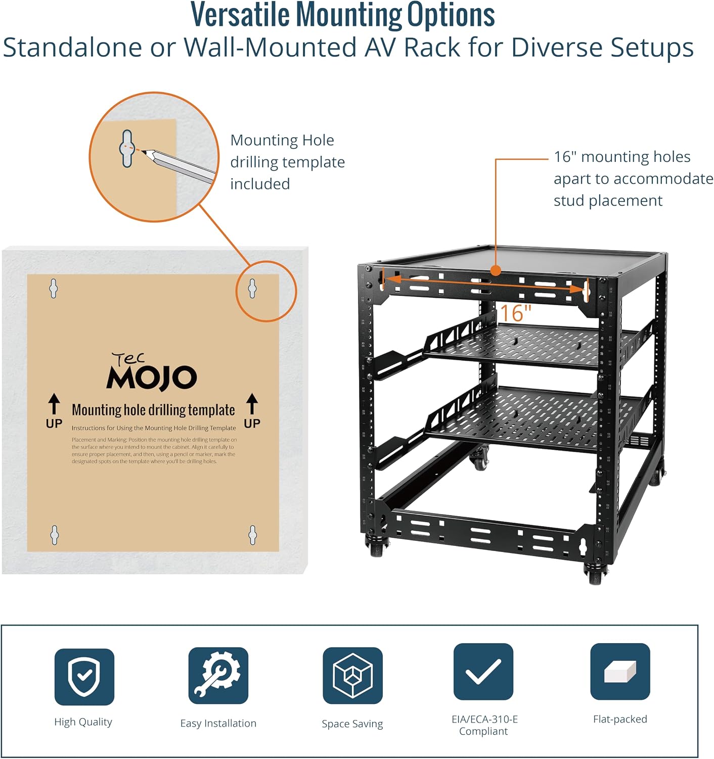 TECMOJO 12U Open Frame Network Rack for IT & AV Gear, 4-Post With Casters, Mobile With 2 PCS 1U Server Shelf & Mounting Hardware, for 19' Network, Audio and Video Device