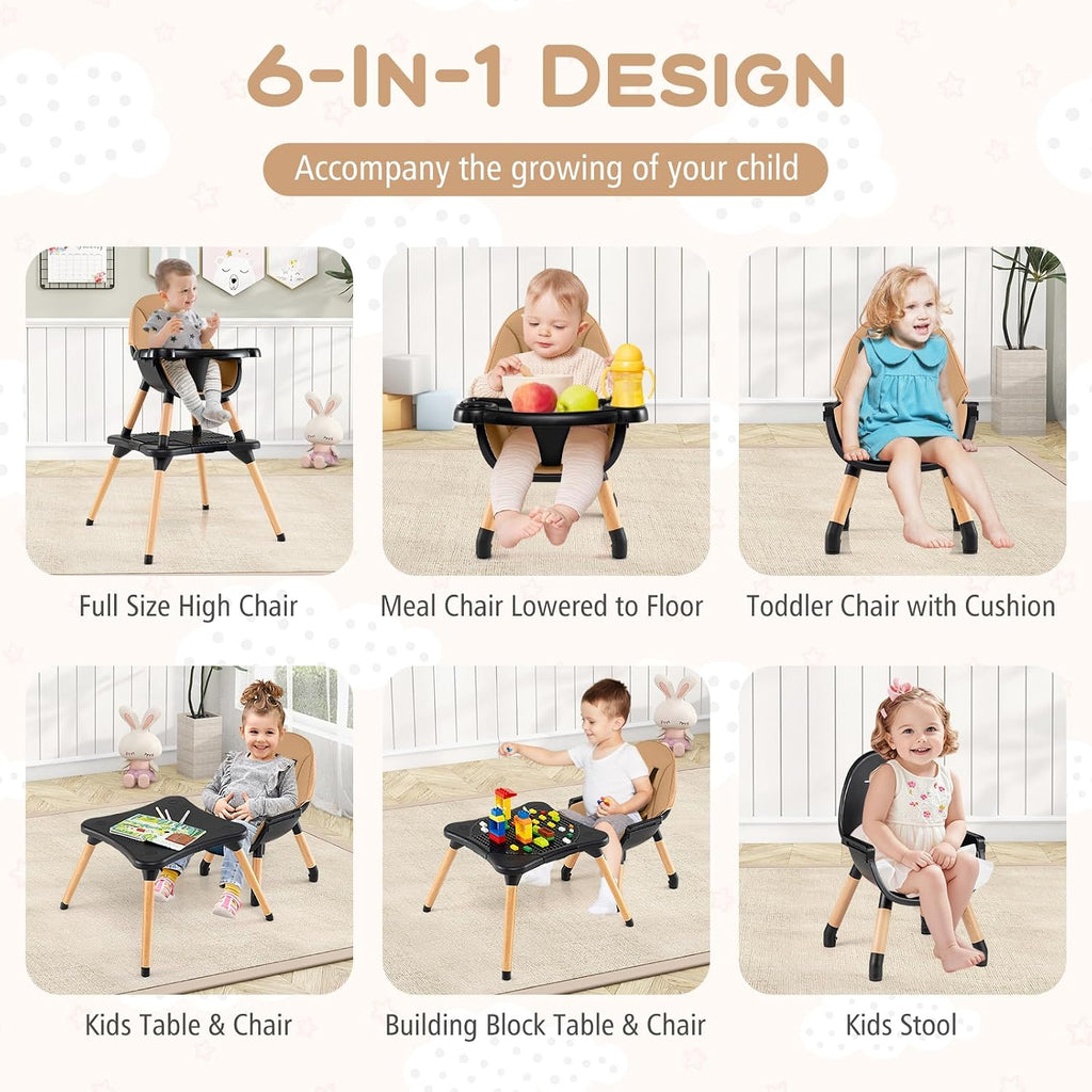 HONEY JOY Baby High Chair, 6-in-1 Convertible Wooden Highchair for Babies and Toddlers/Table Set/Toddler Chair with Safety Harness, 4-Position Removable Feeding Tray (Coffee)