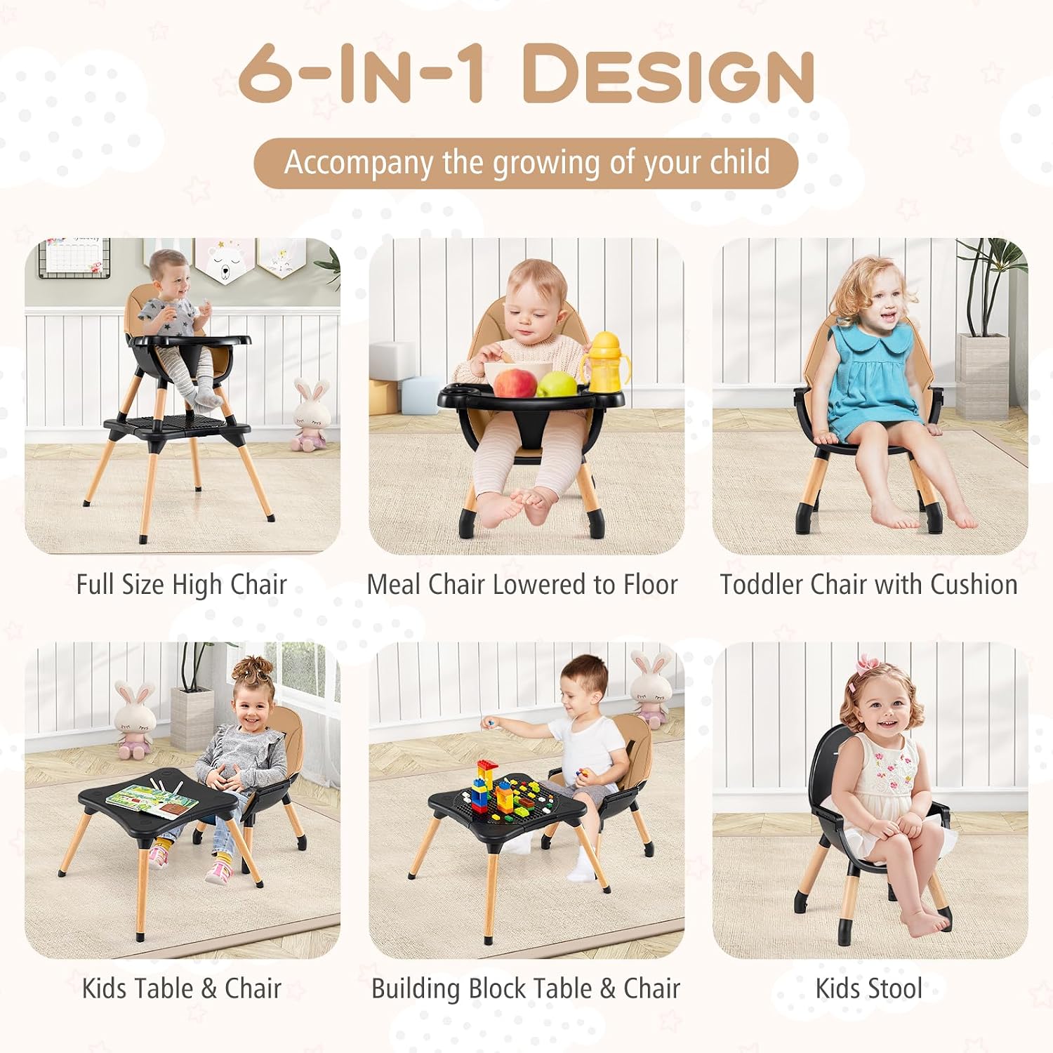 HONEY JOY Baby High Chair, 6-in-1 Convertible Wooden Highchair for Babies and Toddlers/Table Set/Toddler Chair with Safety Harness, 4-Position Removable Feeding Tray (Coffee)