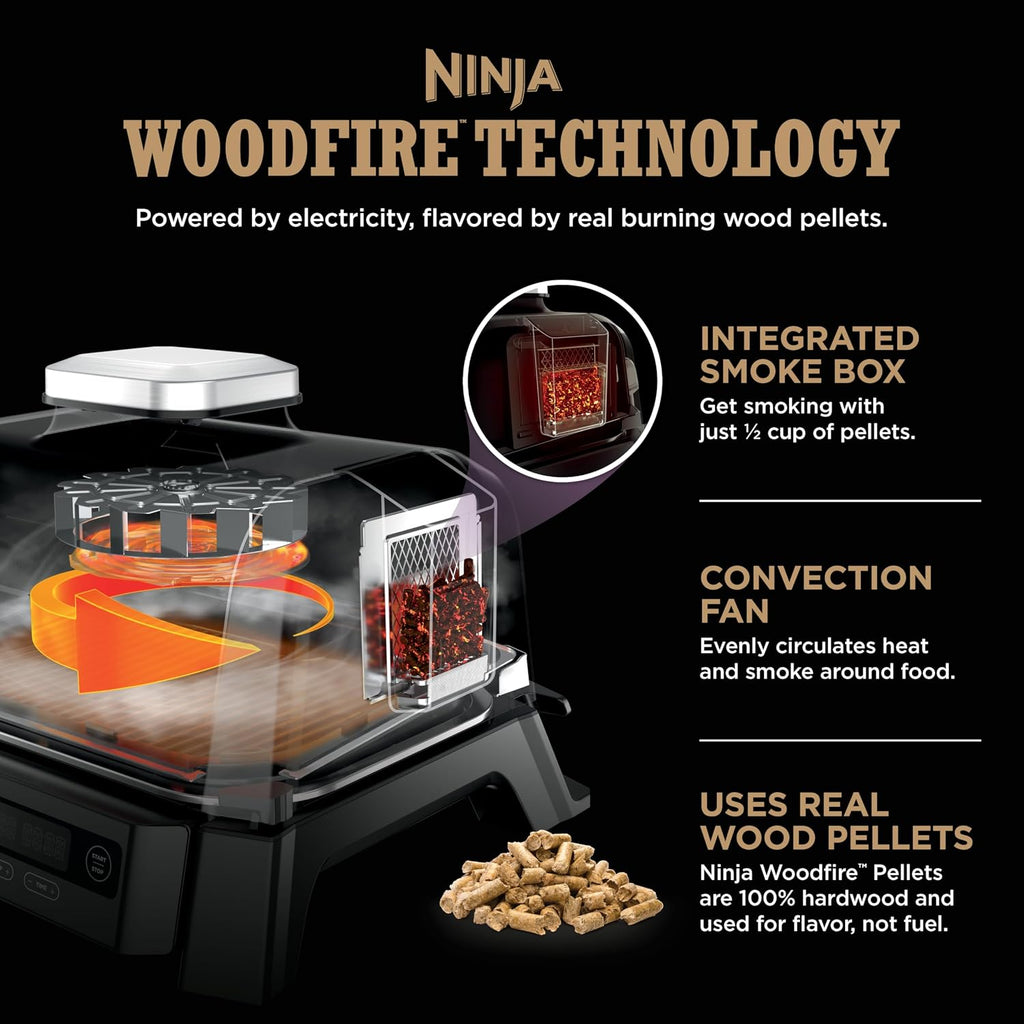 Ninja Woodfire Outdoor Grill & Smoker, 4-in-1 Functionality, Grill, Smoke, Bake, Roast, Authentic Woodfire Flavors, Electric Heat, OG301