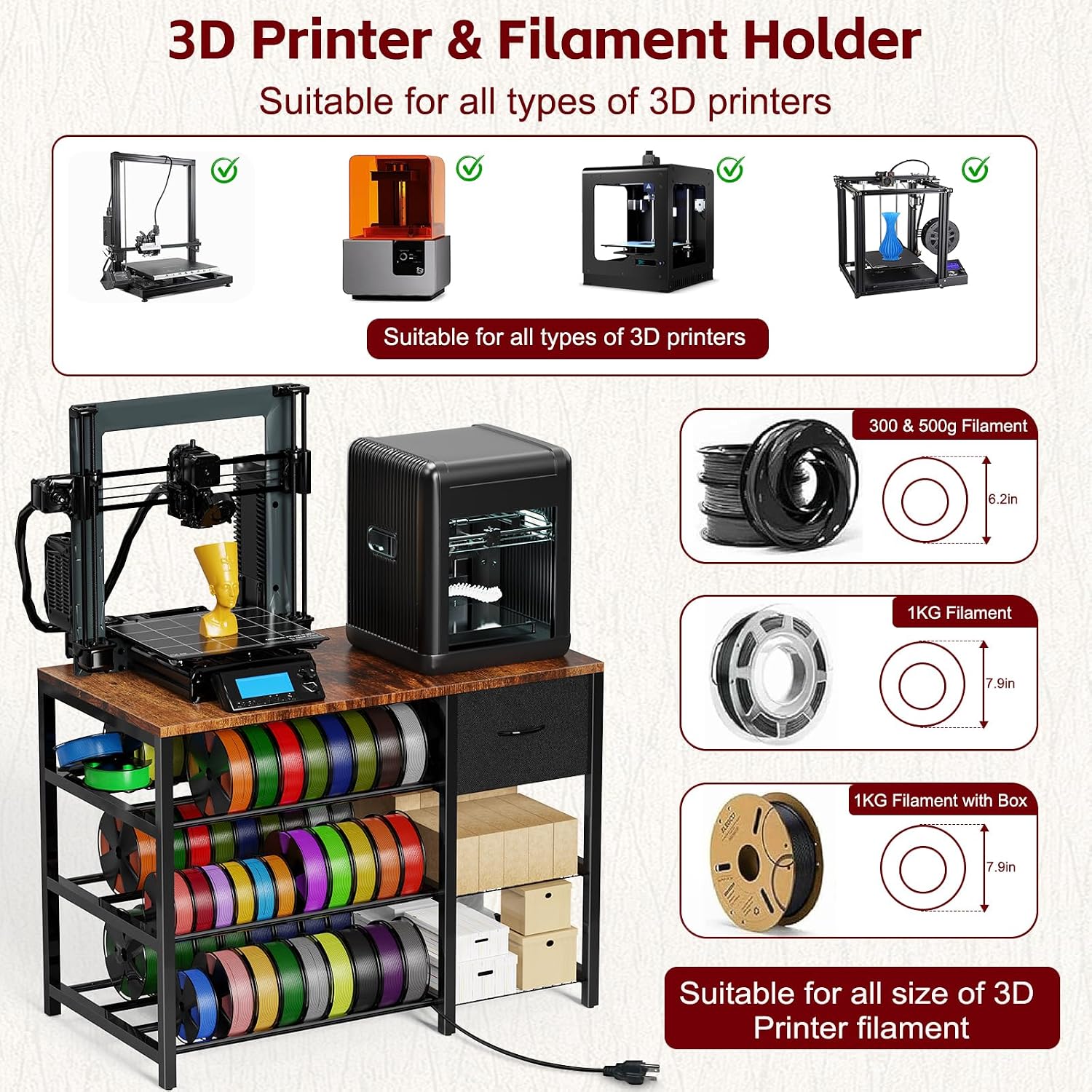 3D Printer Stand with Filament Storage Rack, 3D Printer Table with Power Outlet, 3-Tier Filament Holder with Drawer, 3D Printer Filament Stand Organized for Office Workshop Studio Office
