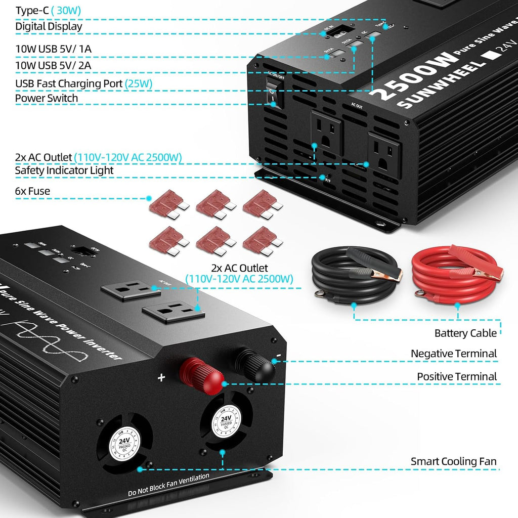 SUNWHEEL 2500W 24V Pure Sine Wave Inverter, 24V DC to 110V/120V AC Power Inverter for RV、Off Grid、Truck、Power Outage with 4 AC outlets and LCD Display