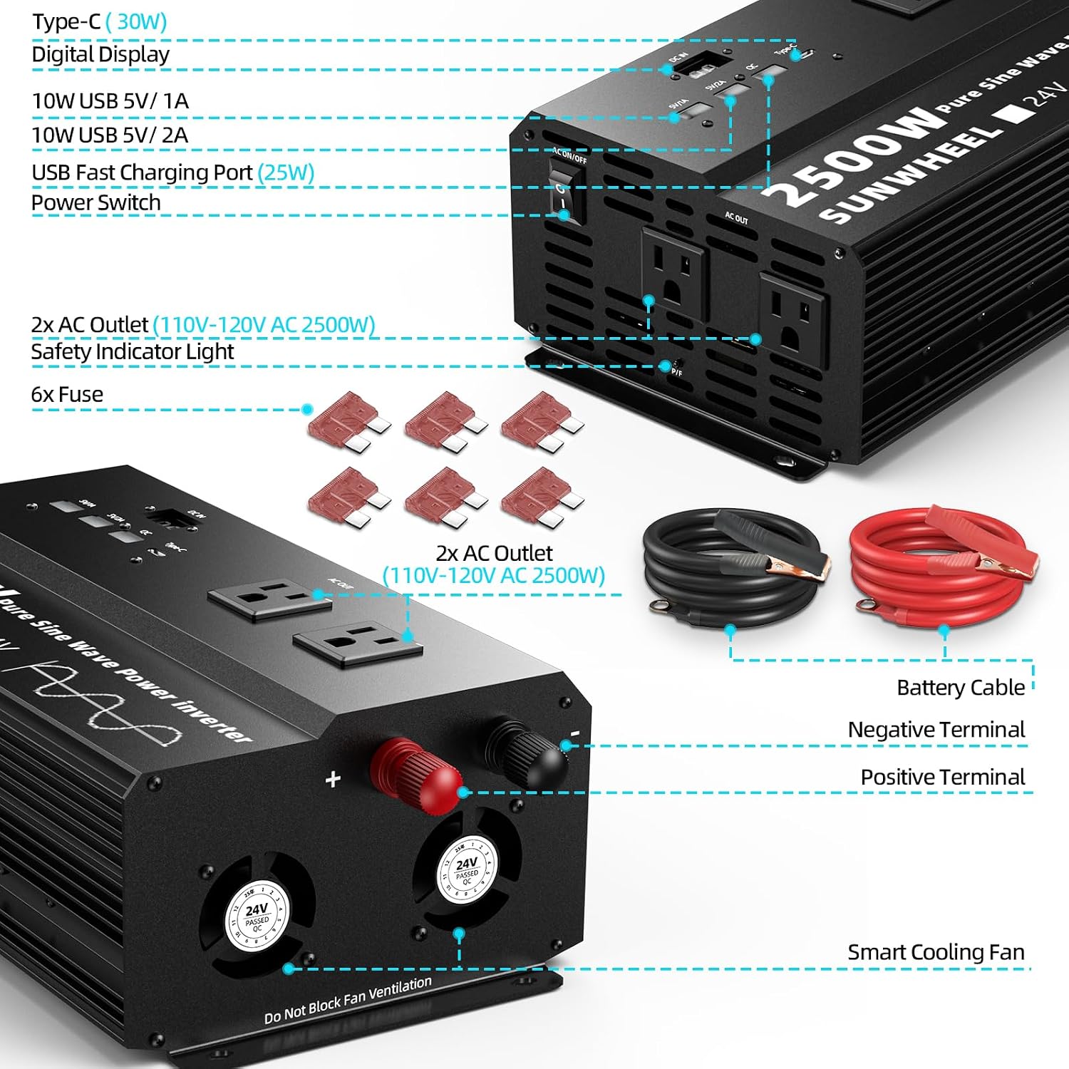 SUNWHEEL 2500W 24V Pure Sine Wave Inverter, 24V DC to 110V/120V AC Power Inverter for RV、Off Grid、Truck、Power Outage with 4 AC outlets and LCD Display