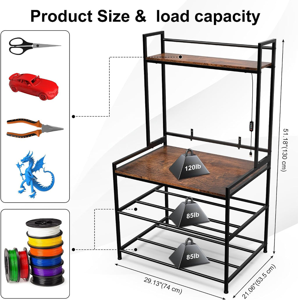 3D Printer Stand with Filament Storage, 3D Printer Table with LED Light and Display Shelf Rack, Heavy Duty Printer Desk Filament Storage Rack for Workshop Offices and Studios(Black)