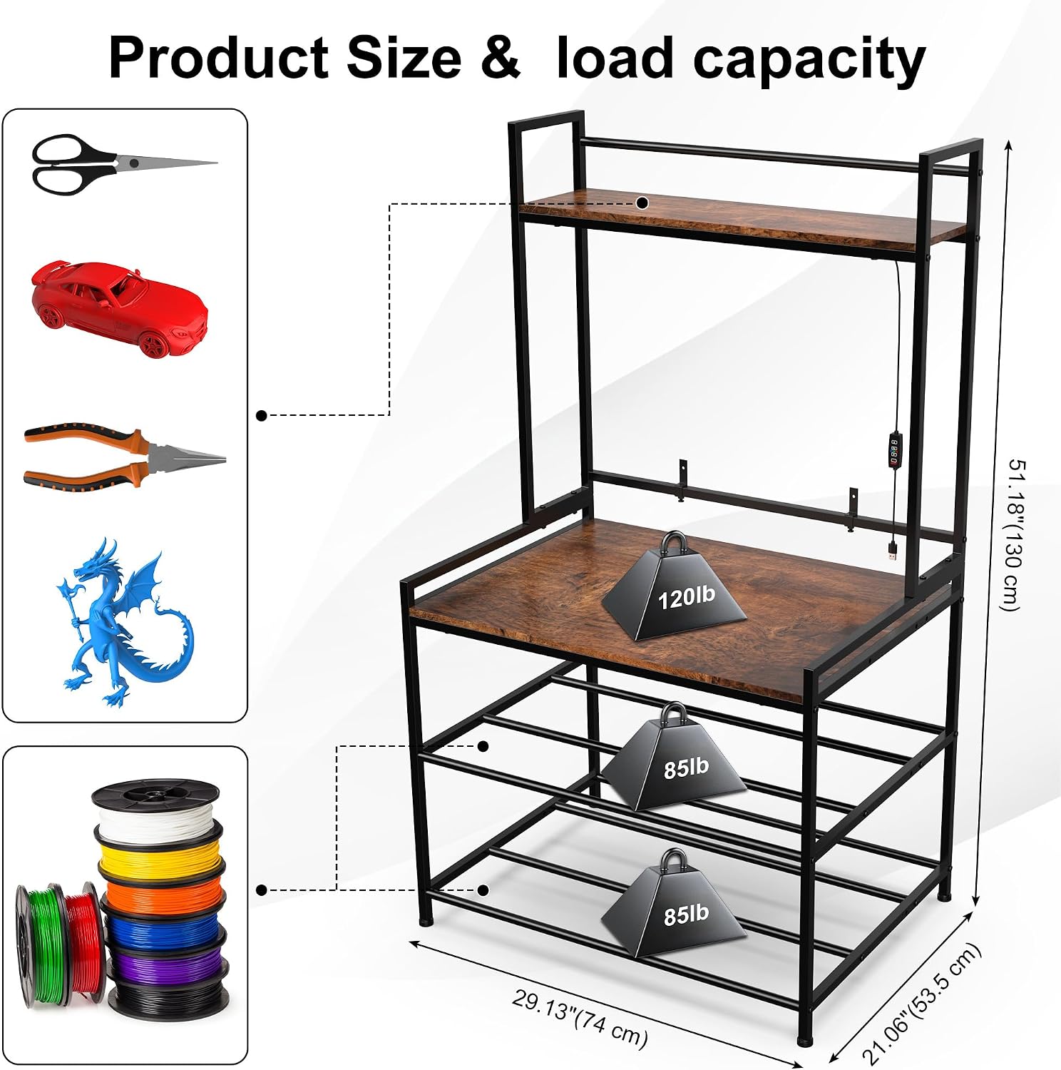 3D Printer Stand with Filament Storage, 3D Printer Table with LED Light and Display Shelf Rack, Heavy Duty Printer Desk Filament Storage Rack for Workshop Offices and Studios(Black)