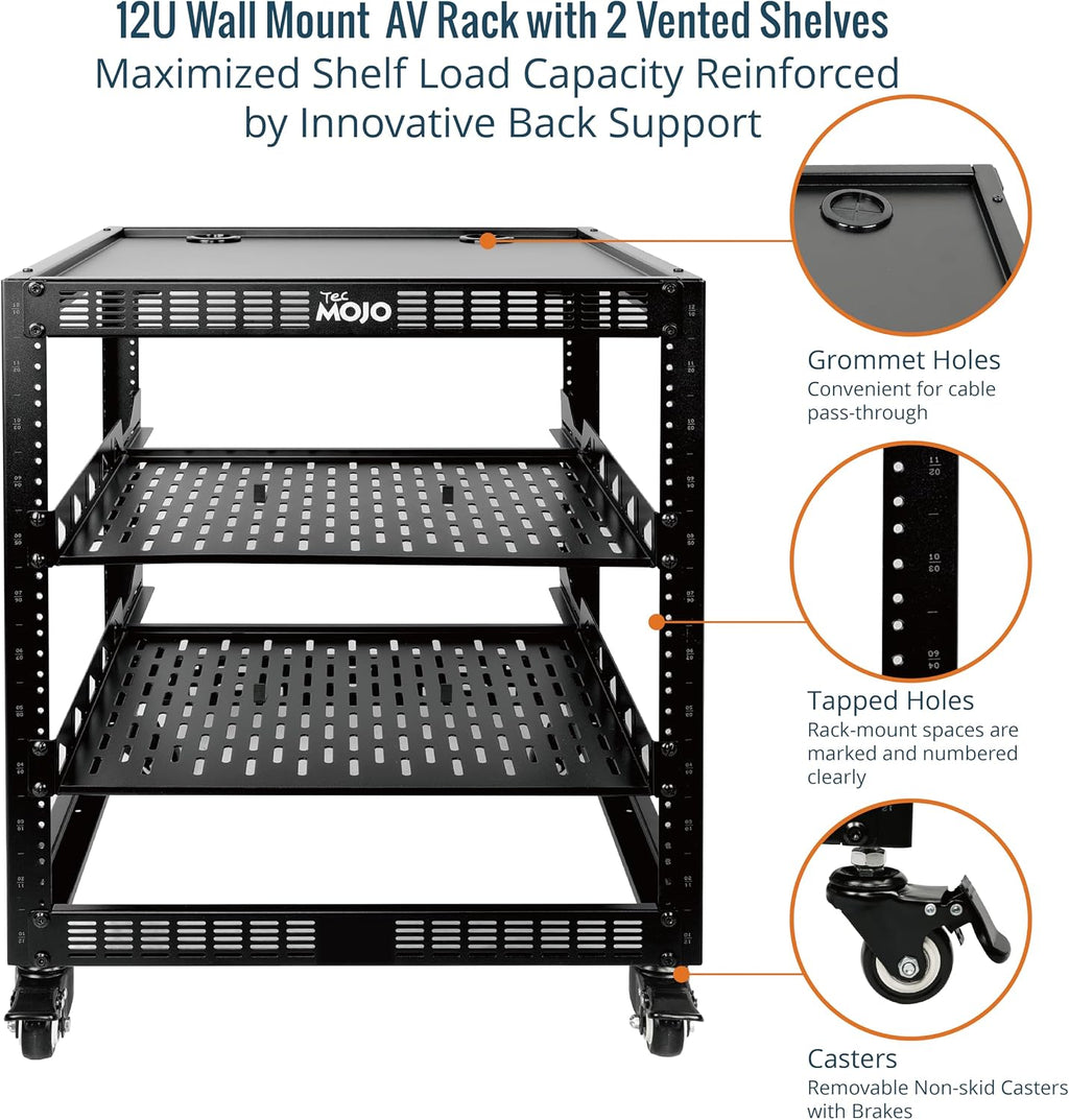 TECMOJO 12U Open Frame Network Rack for IT & AV Gear, 4-Post With Casters, Mobile With 2 PCS 1U Server Shelf & Mounting Hardware, for 19' Network, Audio and Video Device