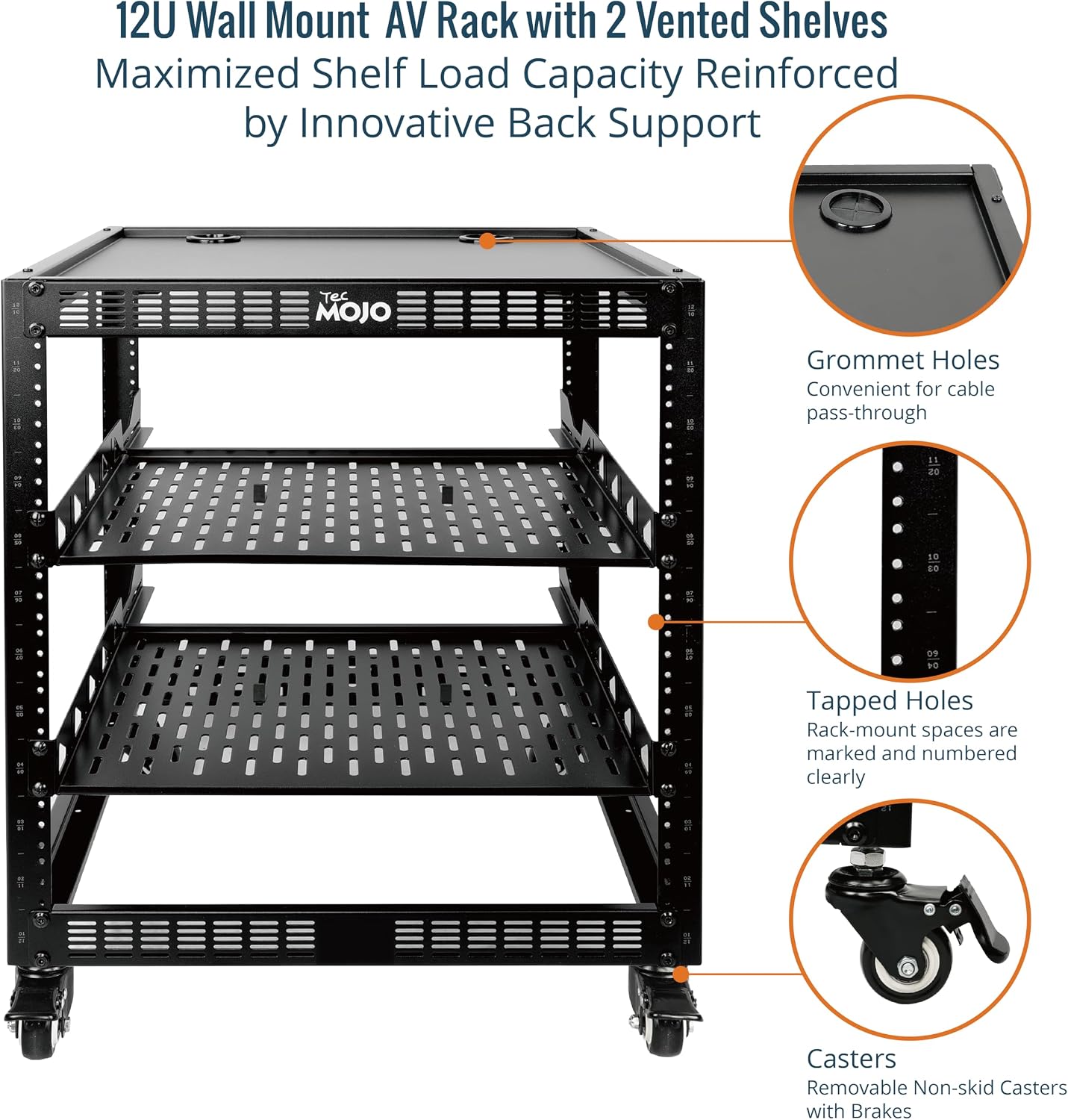TECMOJO 12U Open Frame Network Rack for IT & AV Gear, 4-Post With Casters, Mobile With 2 PCS 1U Server Shelf & Mounting Hardware, for 19' Network, Audio and Video Device