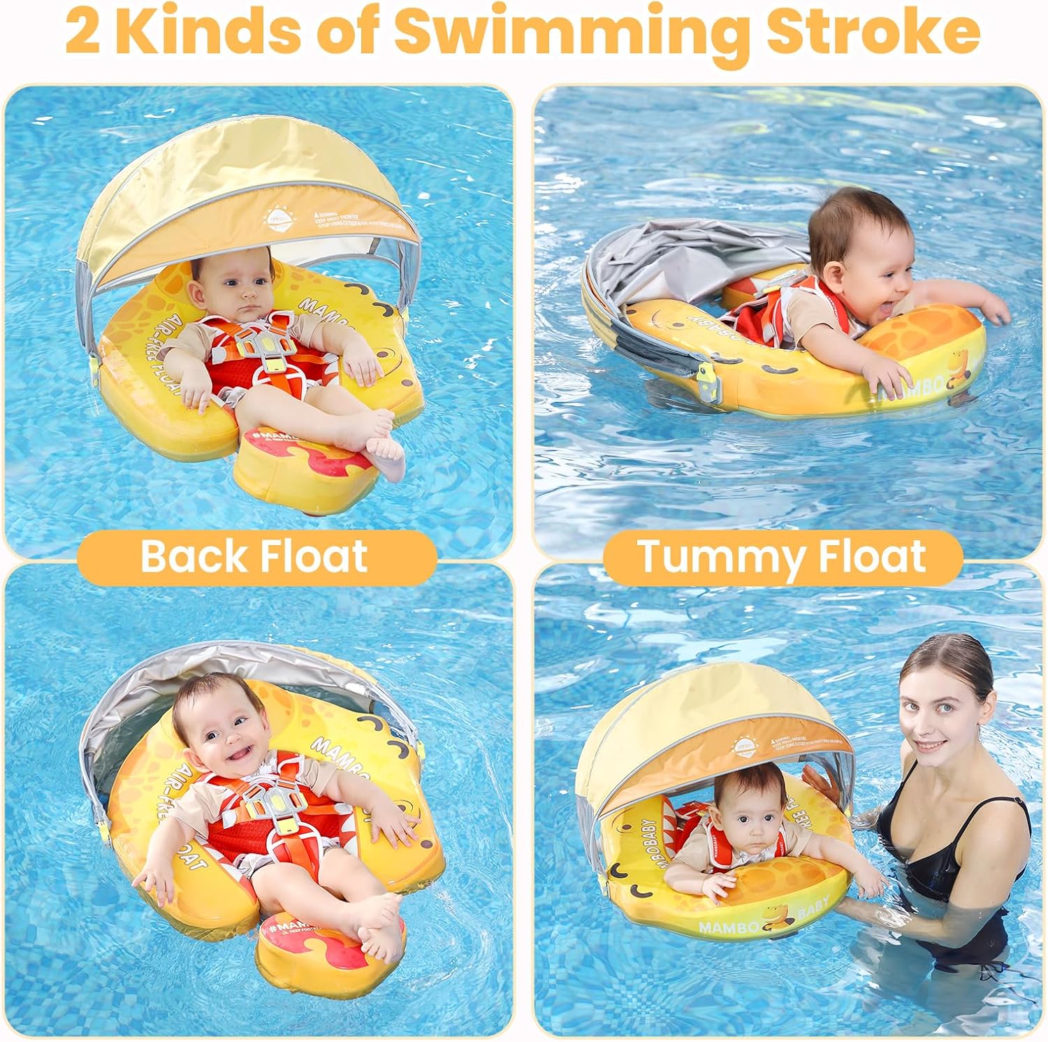 Mambobaby Float Deluxe Baby Pool Float: Safe & Comfortable Swim Trainer for Infants & Toddlers, Non-Inflatable Design, UV Protection Canopy, Fun Water Experience for Ages 3-24 Months