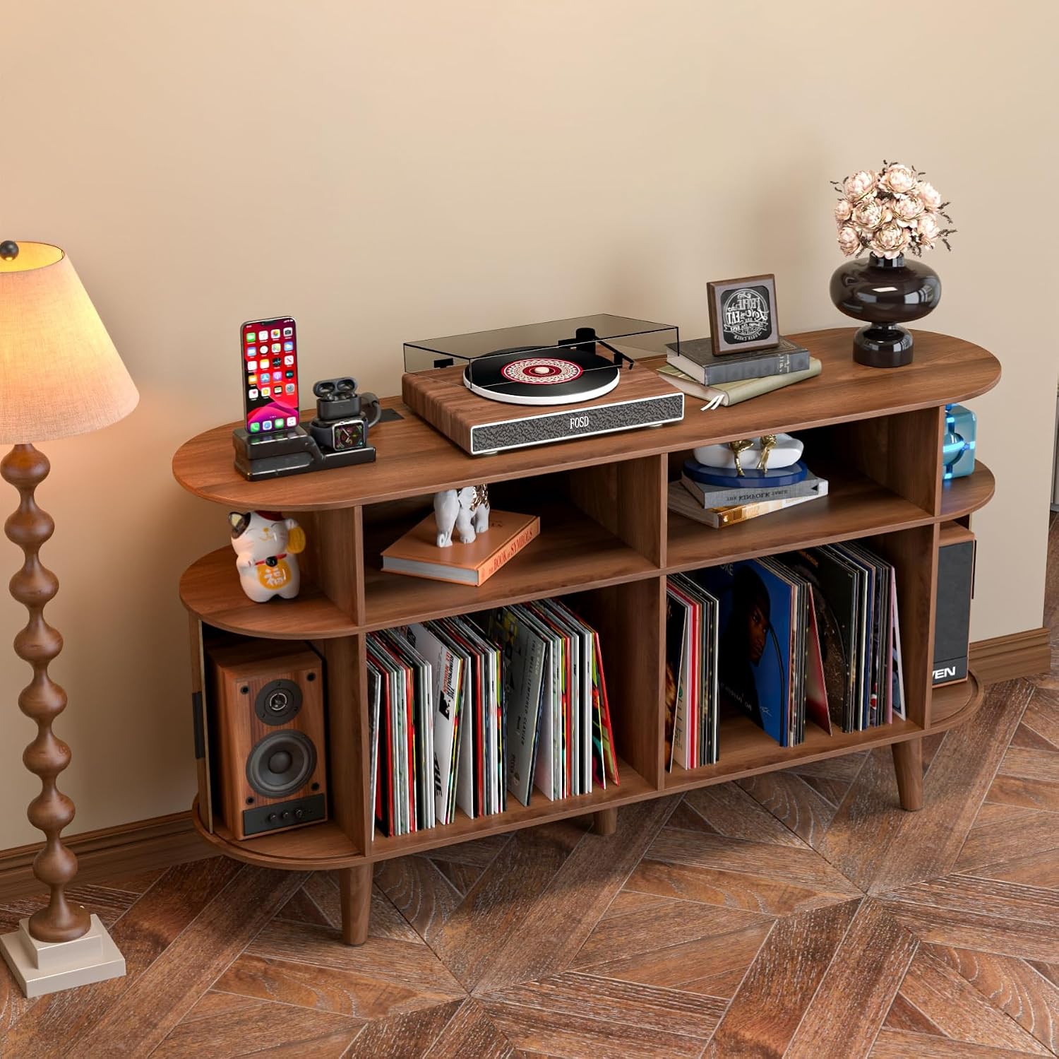 LUVIOHOME Large Round Record Player Stand with Charging Station & USB Ports，Record Storage Cabinet, Mid Century Modern Turntable Stand for Bedroom Living Room (Walnut)