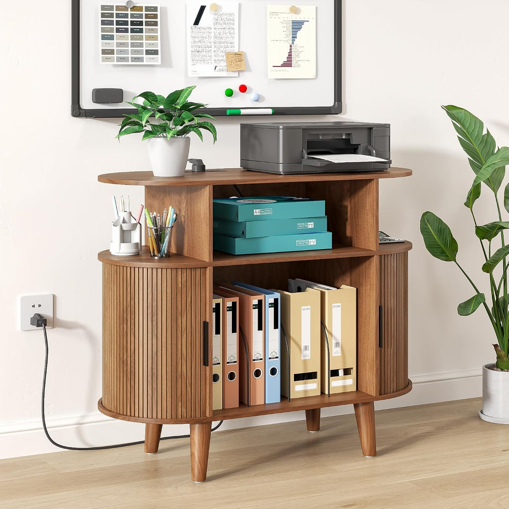 Fiogmub Round Printer Stand with Charging Station & USB Ports, 35.4 x15.7 x 30 Inches Large Printer Table 3 Tier with Storage Shelf for Home Office (Walnut)