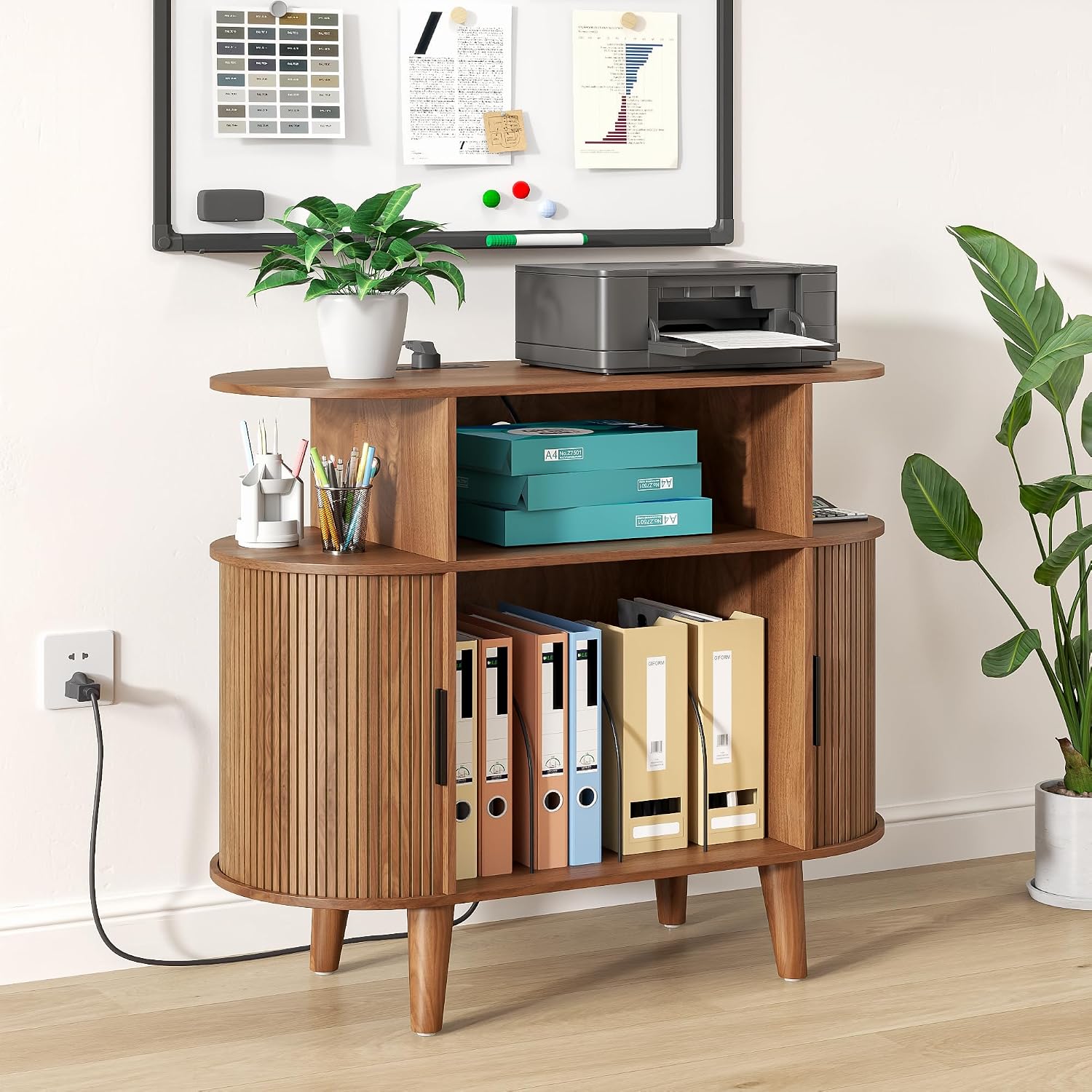 Fiogmub Round Printer Stand with Charging Station & USB Ports, 35.4 x15.7 x 30 Inches Large Printer Table 3 Tier with Storage Shelf for Home Office (Walnut)