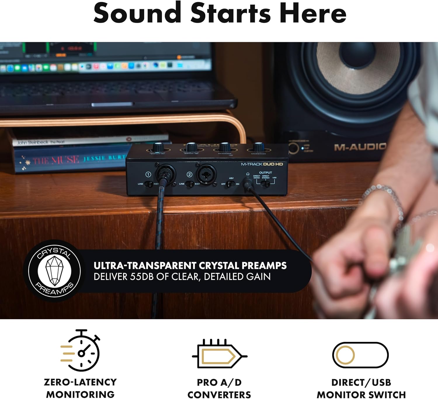M-AUDIO M-Track Duo HD Audio Interface, M100 Condenser Microphone and HDH41 Studio Monitoring Headphones for Recording, Producers, Content Creators and Podcasters
