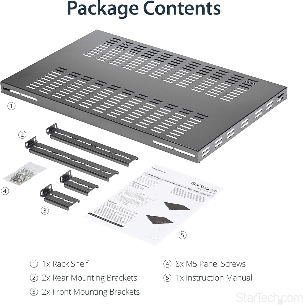 StarTech.com 1U 4-Post Adjustable Vented Server Rack Mount Shelf - 330lbs(150 kg) - 19.5 to 38in Adjustable Mounting Depth Universal Tray 19' AV/ Network Equipment Rack - 27.5in Deep (ADJSHELFHDV)