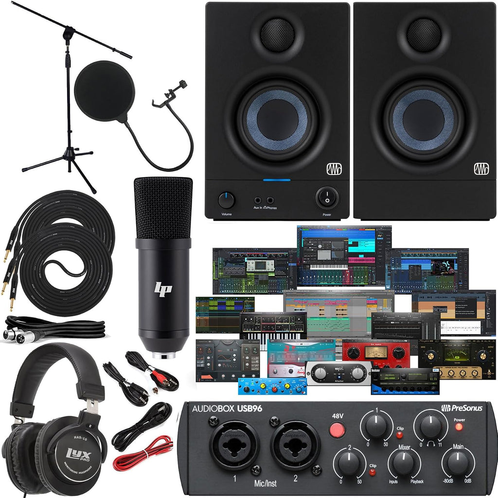 Presonus AudioBox 96 Audio Interface (May Vary Blue or Black) Full Studio Bundle with Studio One Artist Software Pack w/Eris 3.5 Pair Studio Monitors and 1/4' TRS to TRS Instrument Cable