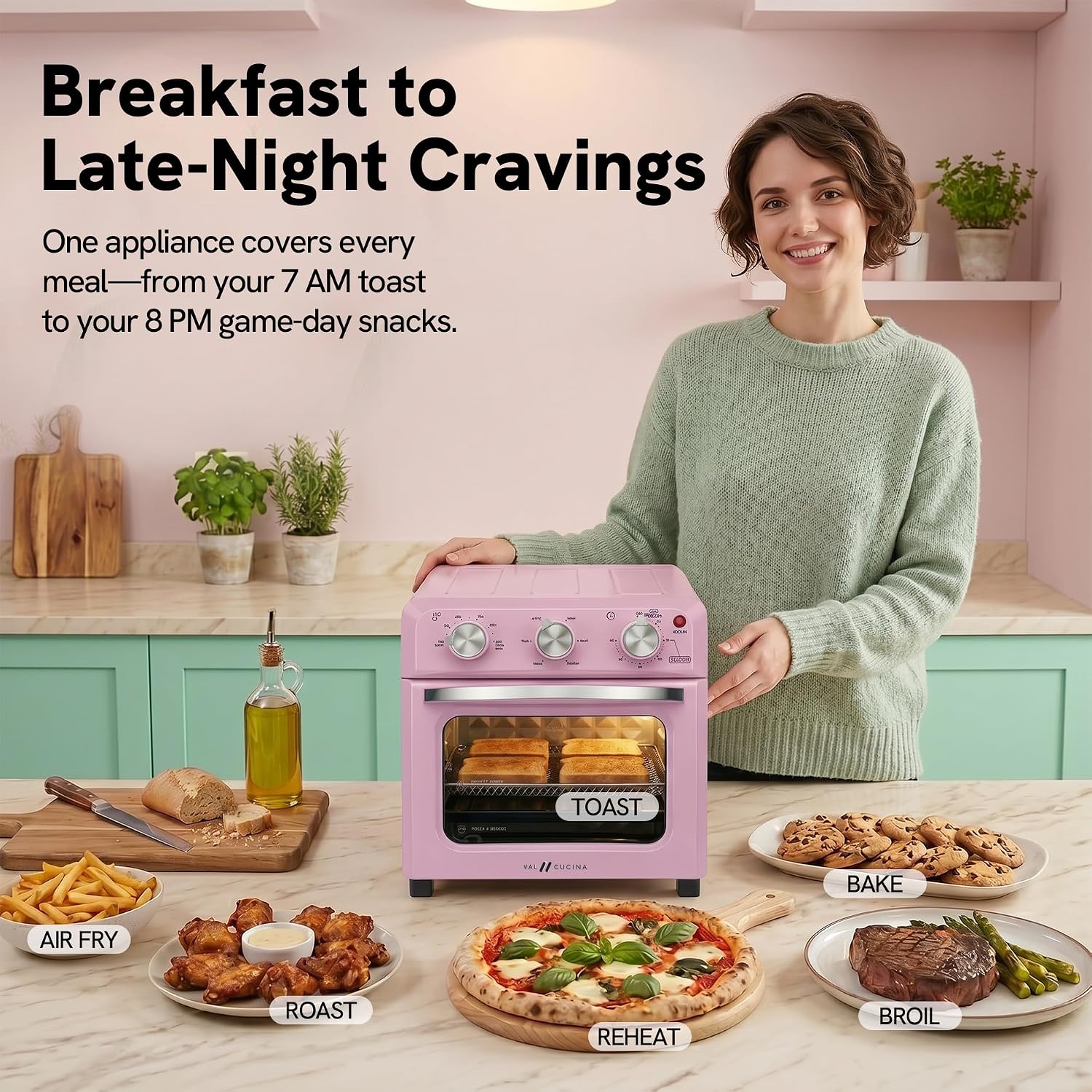 VAL CUCINA 6-in-1 Air Fryer Toaster Oven Combo, Compact 12.7 QT Small Countertop Convection Oven, Fits 9' Pizza & 4 Toast, Hexagon Hybrid Heating, Enamel Baking Pan